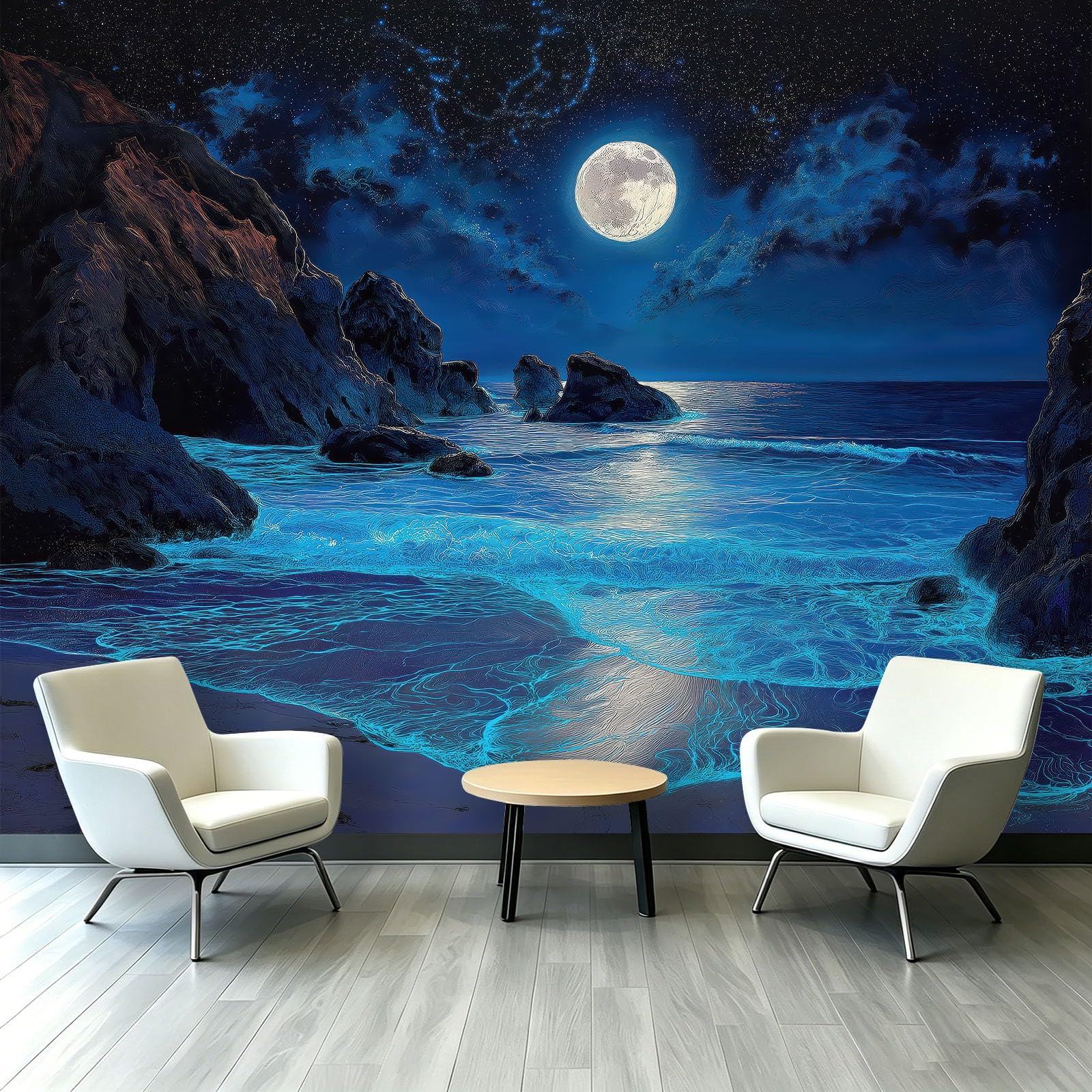 Papier peint panoramique plage et lune bleue fresque XXL 250x175 cm