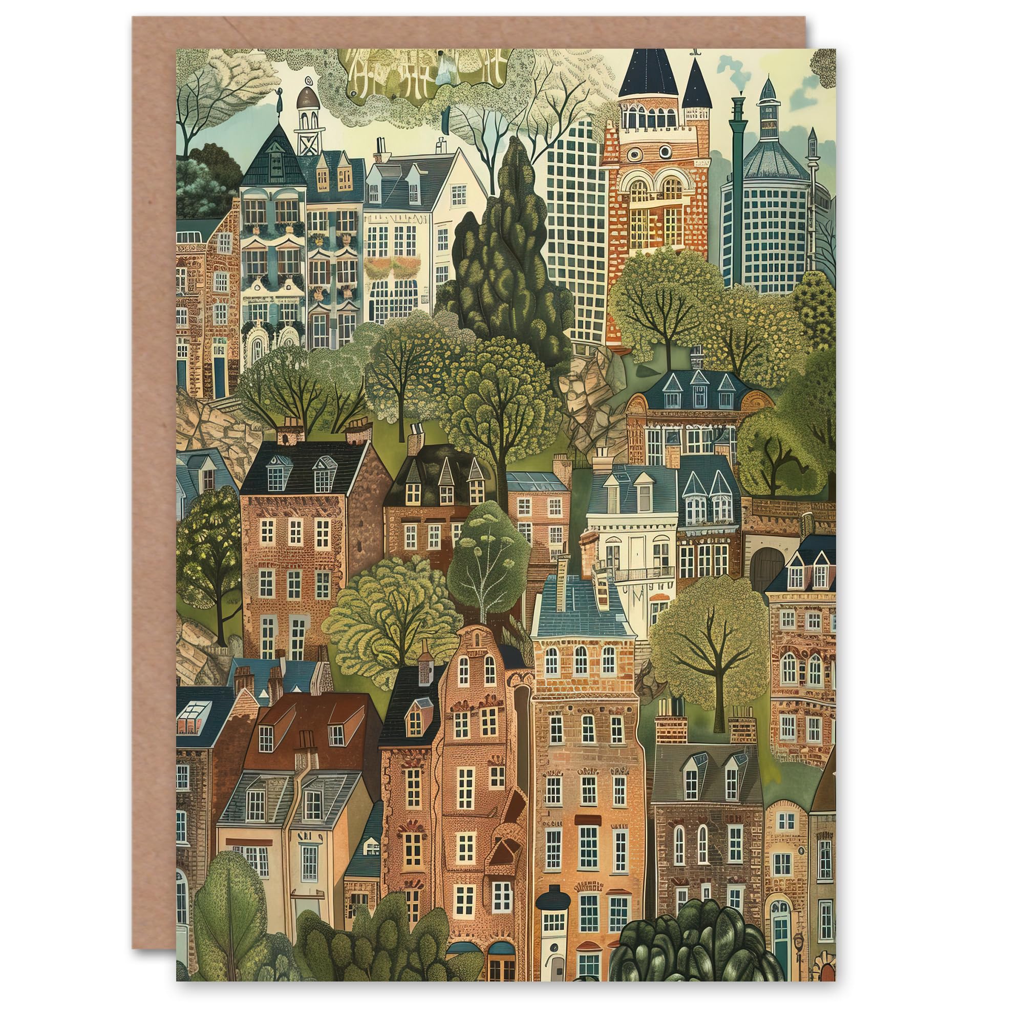 Artery8 Townhouses in Trees Cityscape Painting Greeting Birthday Card Him Her All Blank