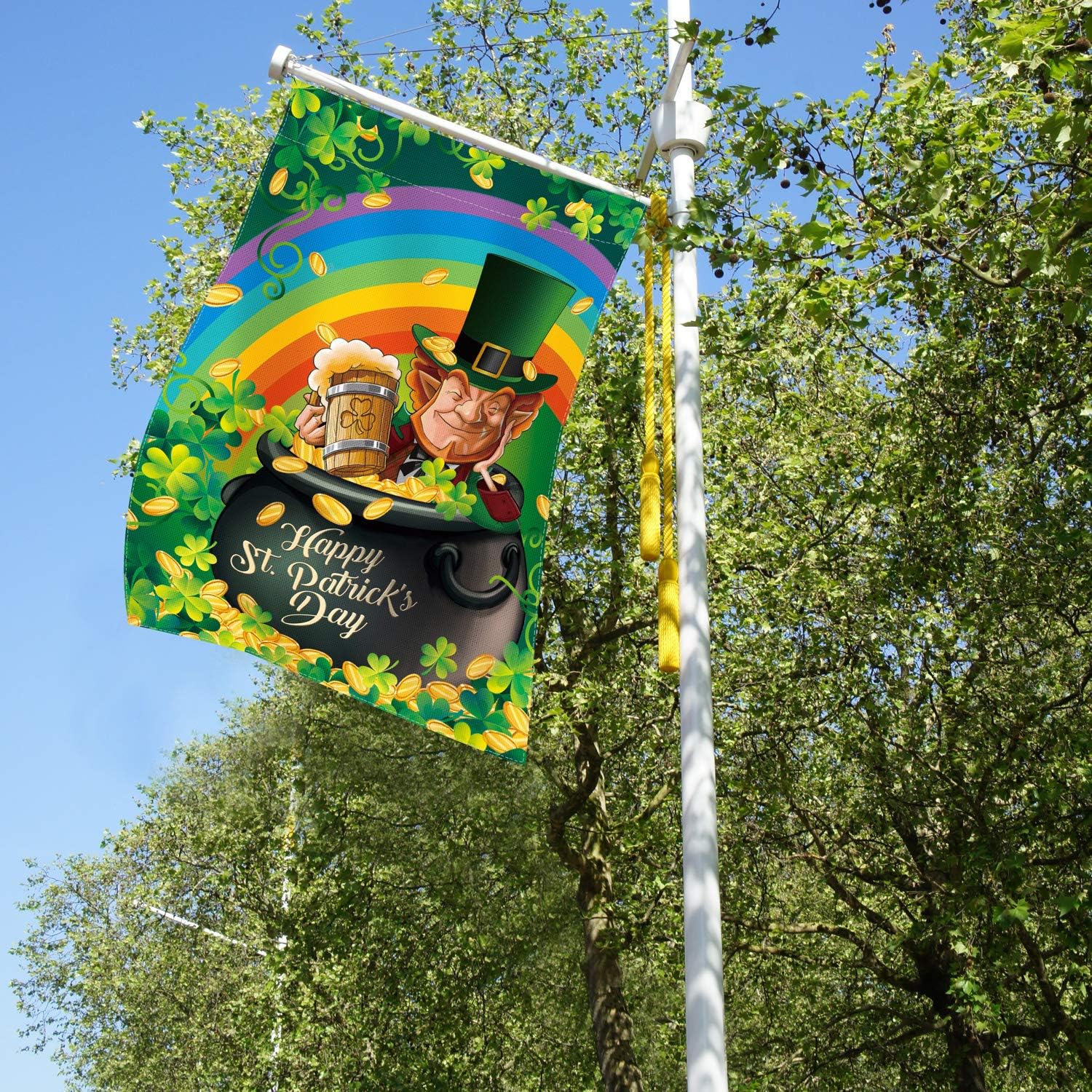 Hexagram St Patricks Day Flags 28x40 Double Sided,Burlap St Patrciks Day House Flag Funny Leprechaun with Gold Coins Pot,Shamrocks with Rainbow Happy St Patricks Day Decorations