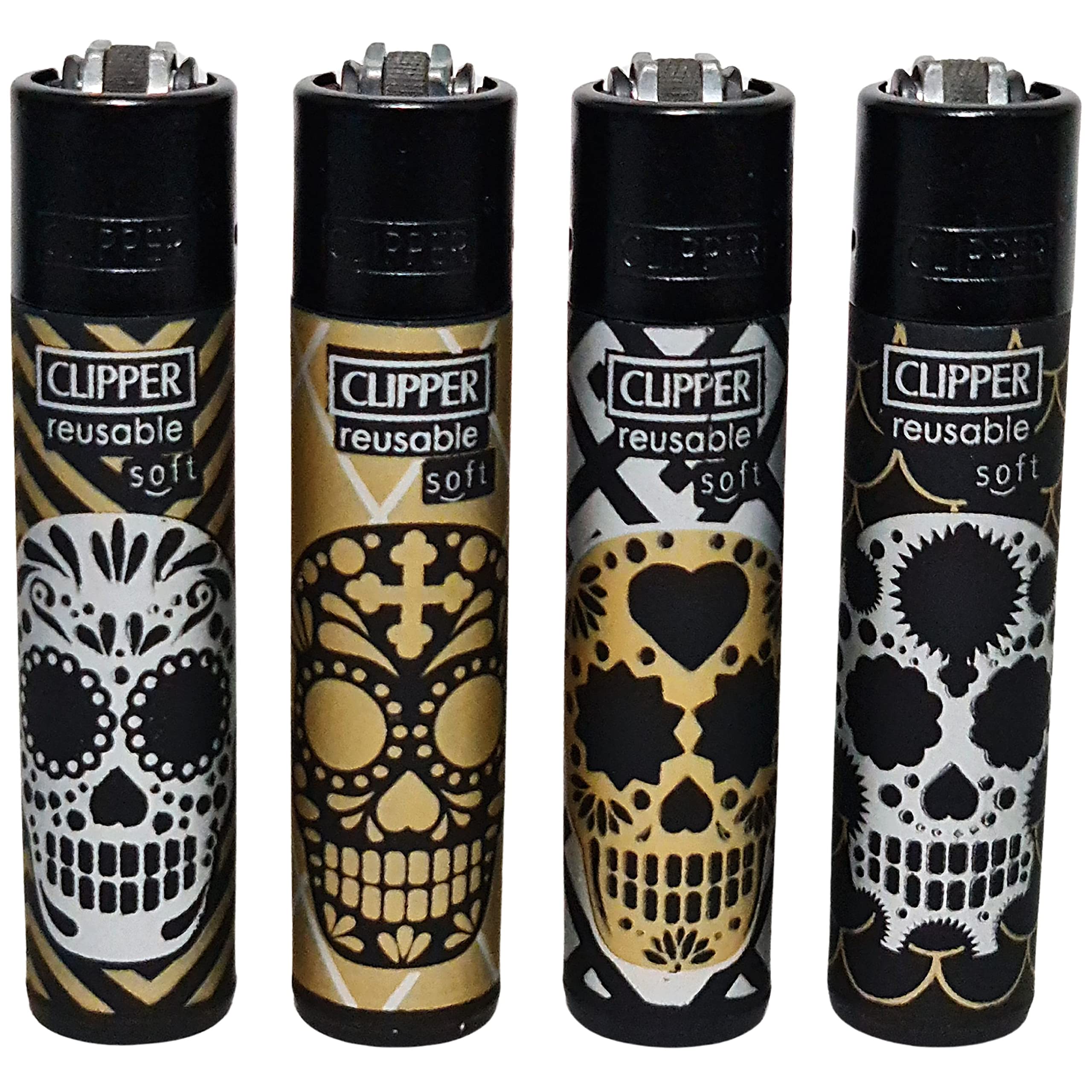 Zactly Black - Set Of 4 Clipper Lighters, Various Designs, Regular Refillable Standard Size Lighter Replaceable Flint (Soft Skulls)