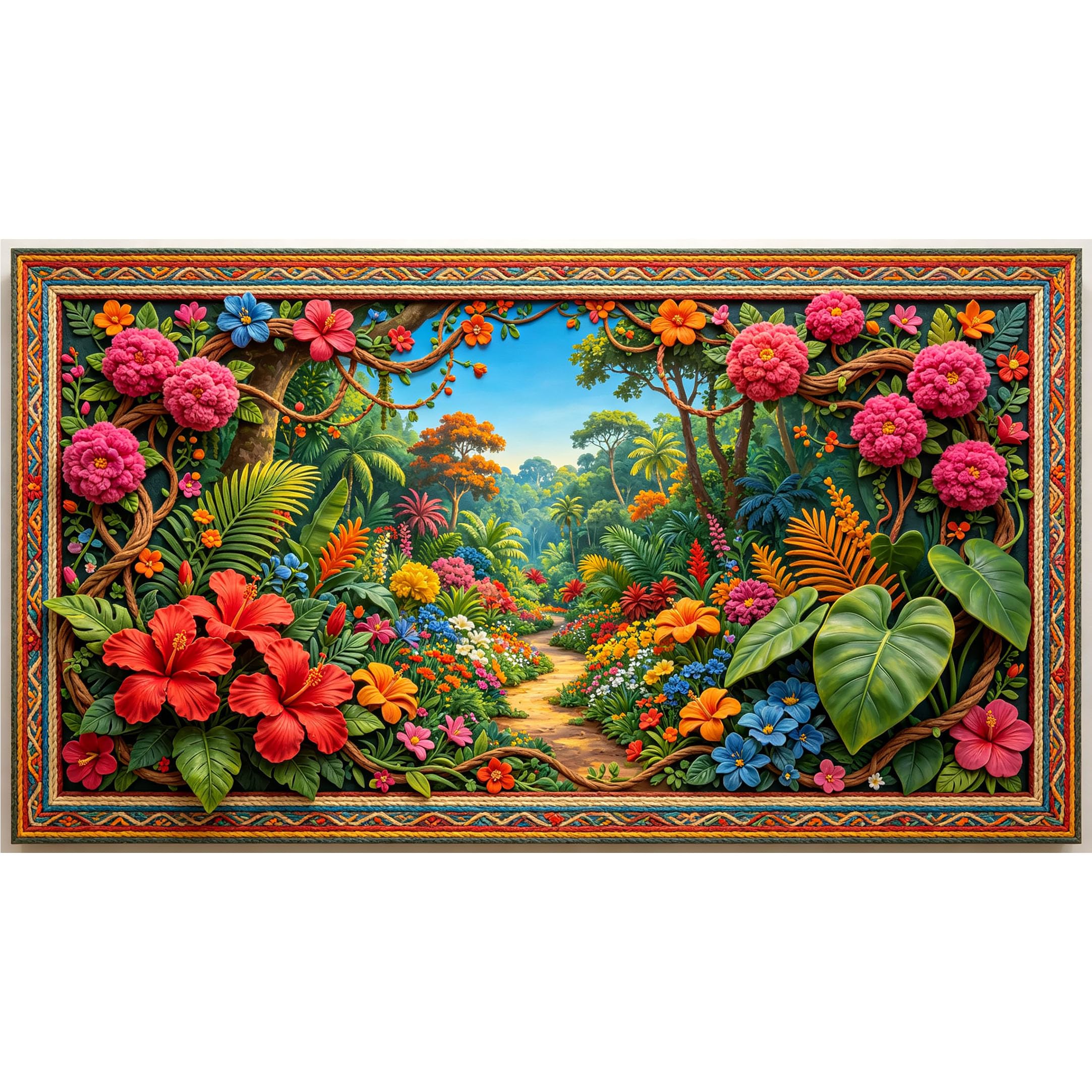 QZLITHOTIC 50×100cm 3D Framed Wall Art， Tropical Jungle Path Floral Paradise Self?Adhesive Mural， Water?Activated Peel & Stick Fabric Decor Wall Decal for Bedroom Living Room