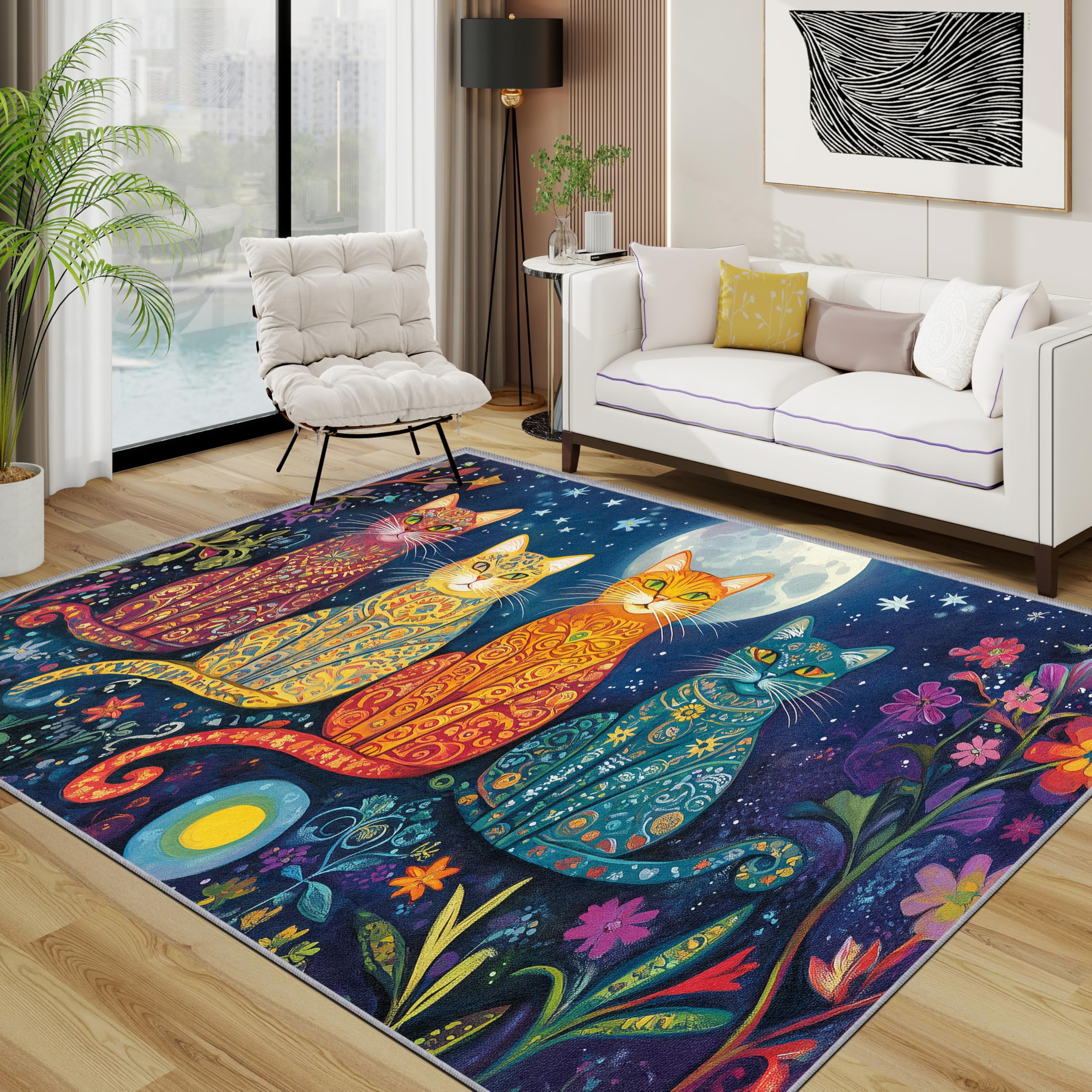 Cat Rugs Living Room Large 160x230 - Bohemian Kitten Floral Bedroom Rug, Colourful Enchanted Moonlit Washable Non Slip Low Pile Carpet, Cat Home Decor