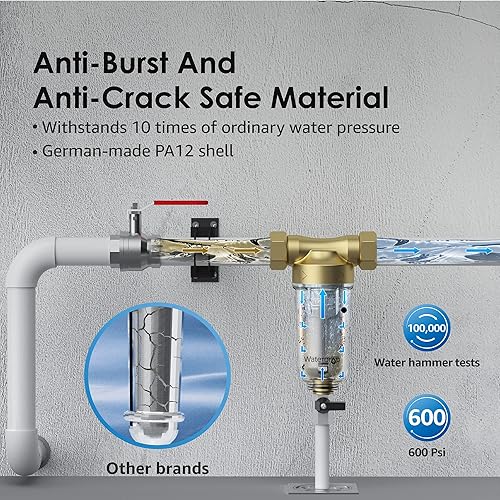 Miniatura 4 de Waterdrop Filtro de sedimentos giratorio, sistema de filtro de agua para toda la casa para agua de pozo, 50 micras, MNPT de 1 pulgada + 34 pulgadas