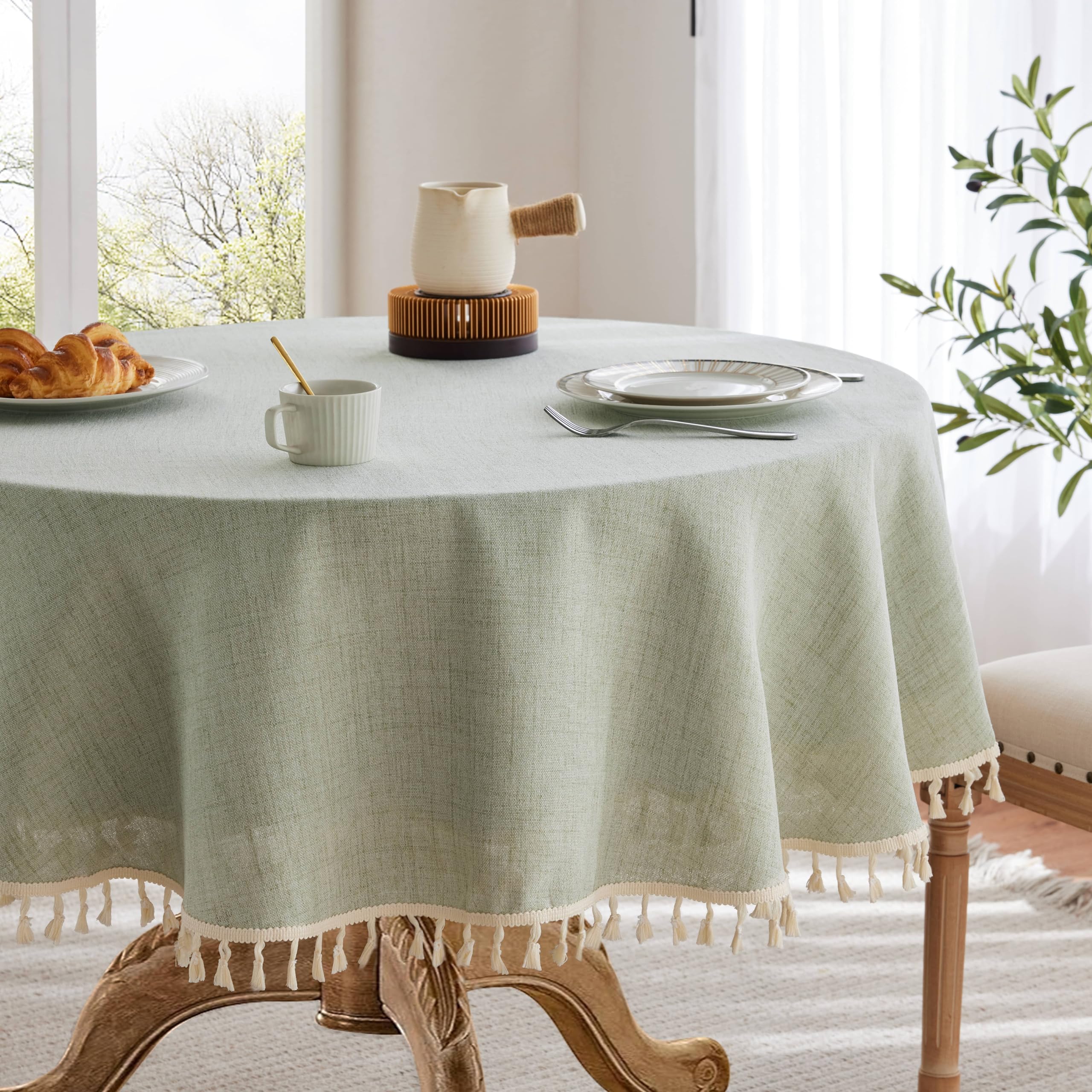 Photo 1 of YZJZEDS Linen Tablecloth with Tassels, Farmhouse Style Green Tablecloth, Water Resistant Burlap Tablecloths for Round Table, 60 Inch Round Green