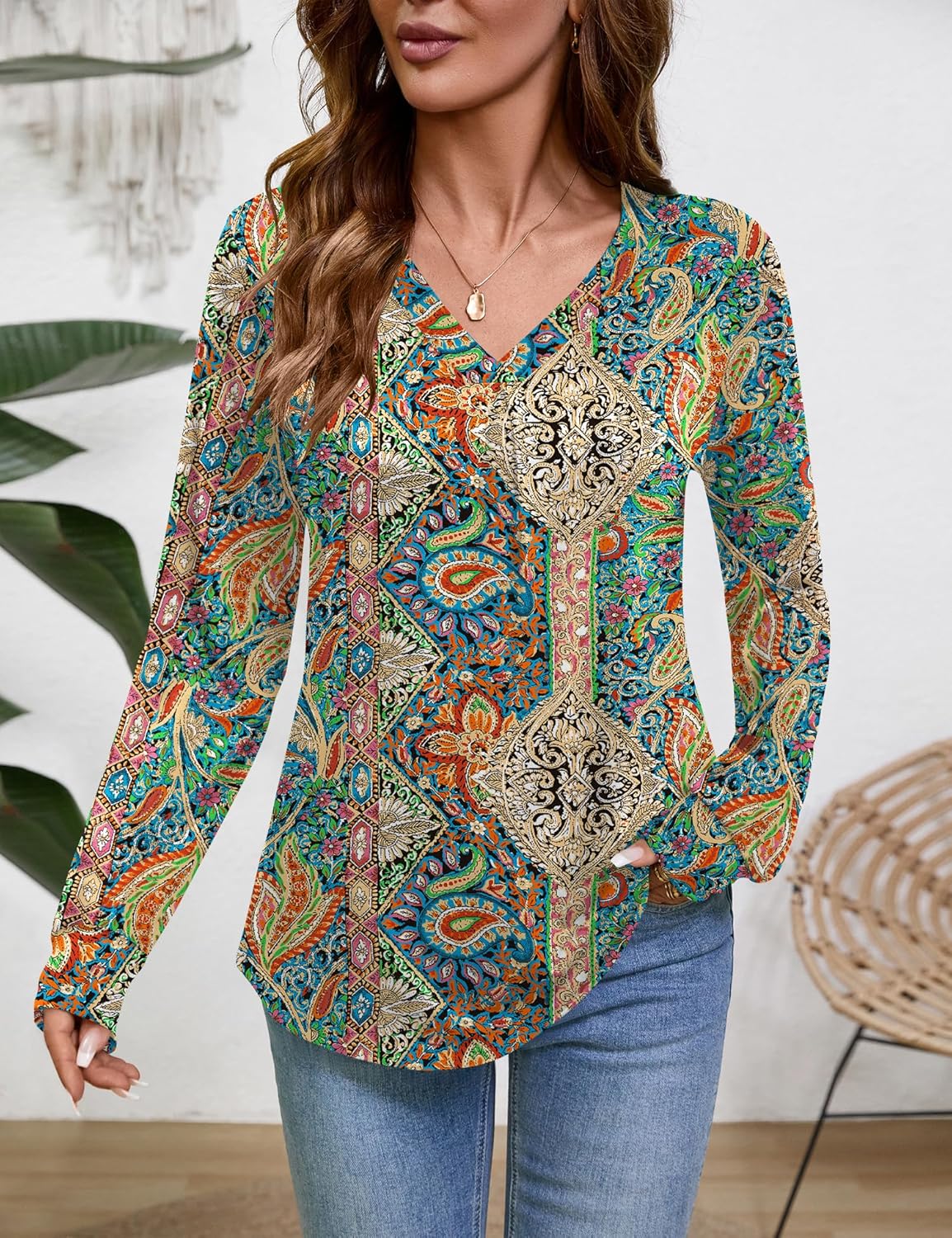 LUYYA Women's Long Sleeve Pleated V Neck Blouse Business Casual Tunic Top Loose Fit Work Shirt - Image 3