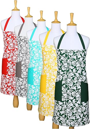 Miniatura 3 de Yourtablecloth Delantal de cocina de damasco de algodón con bolsillos para hombres y mujeres, delantal de calidad para parrilla, cocina, restaurante