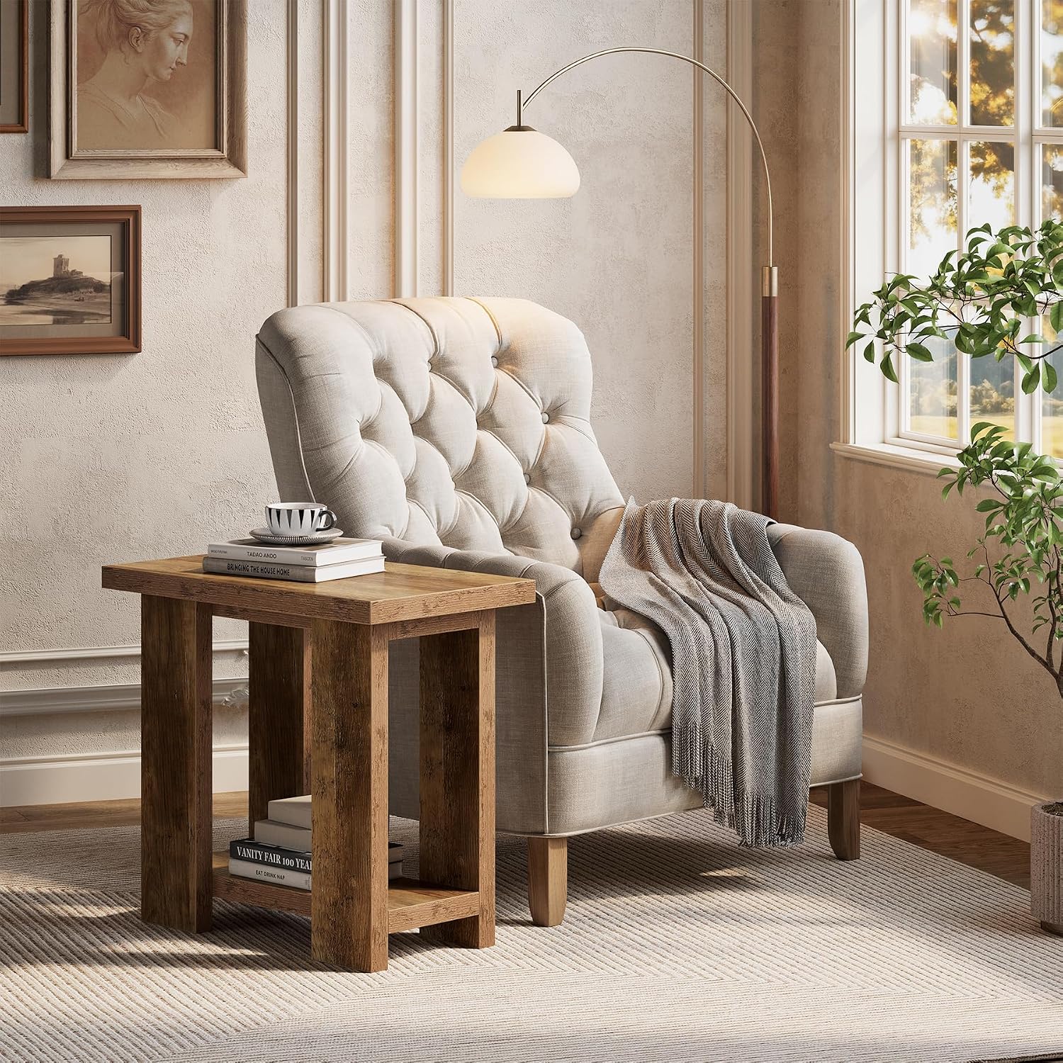 LITTLE TREE 2 Tier Side Table with Storage Shelf, Rustic Wood End Table, Narrow Nightstand Bedside Table for Living Room, Bedroom, Small Spaces, Rustic Brown, 15.75" D x 27.56" W x 25.2" H