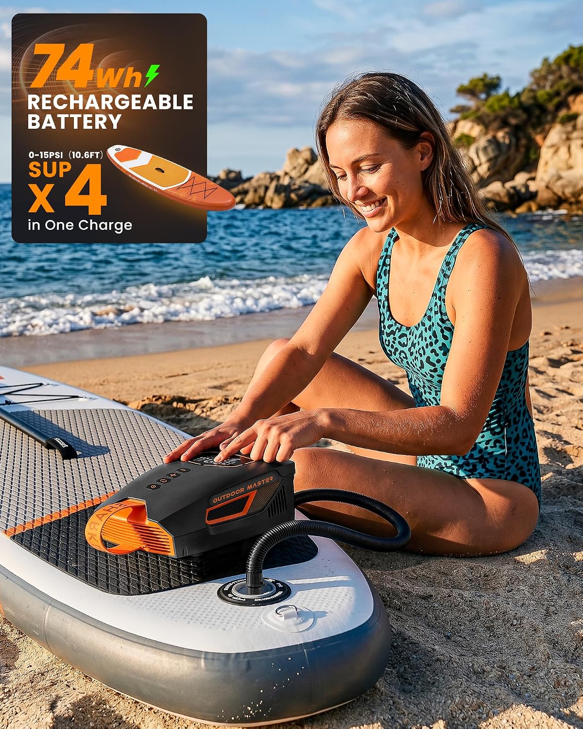 OutdoorMaster Shark 3 Mini 74Wh Portable Paddle Board Pump Electric | 5'30" Fast Inflation, Rechargeable SUP Air Pump, Auto-Off & Deflation, 20PSI 12V/15.8V DC Input, 8 Nozzles for Inflatables