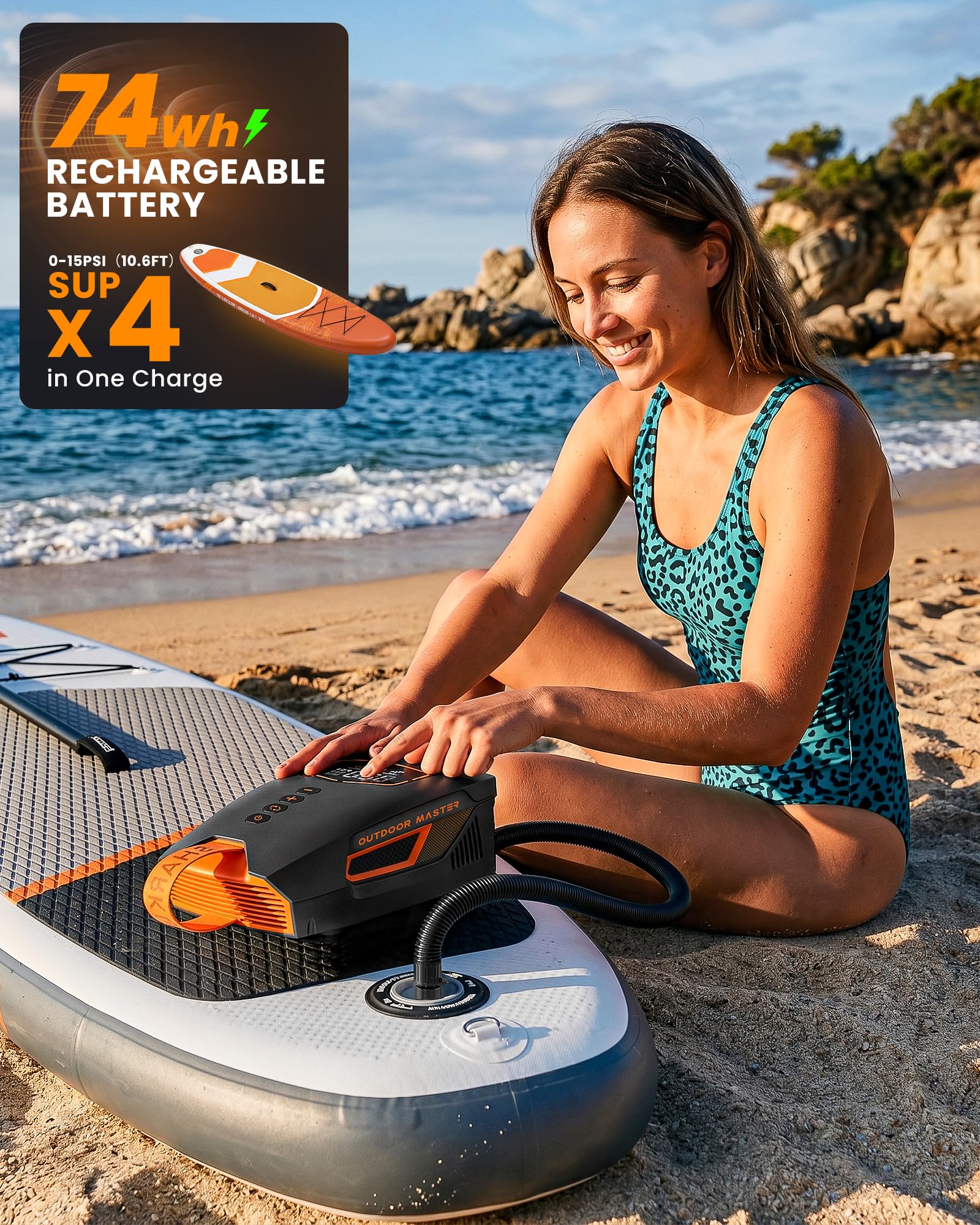 OutdoorMaster Shark 3 Mini 74Wh Bomba Eléctrica Sup Portátil, Inflado Rápido 5'30", Bomba Paddle Recargable, Auto-Apagado y Desinflado, 20 PSI, 12V/15,8V DC y USB-C, 8 Boquillas