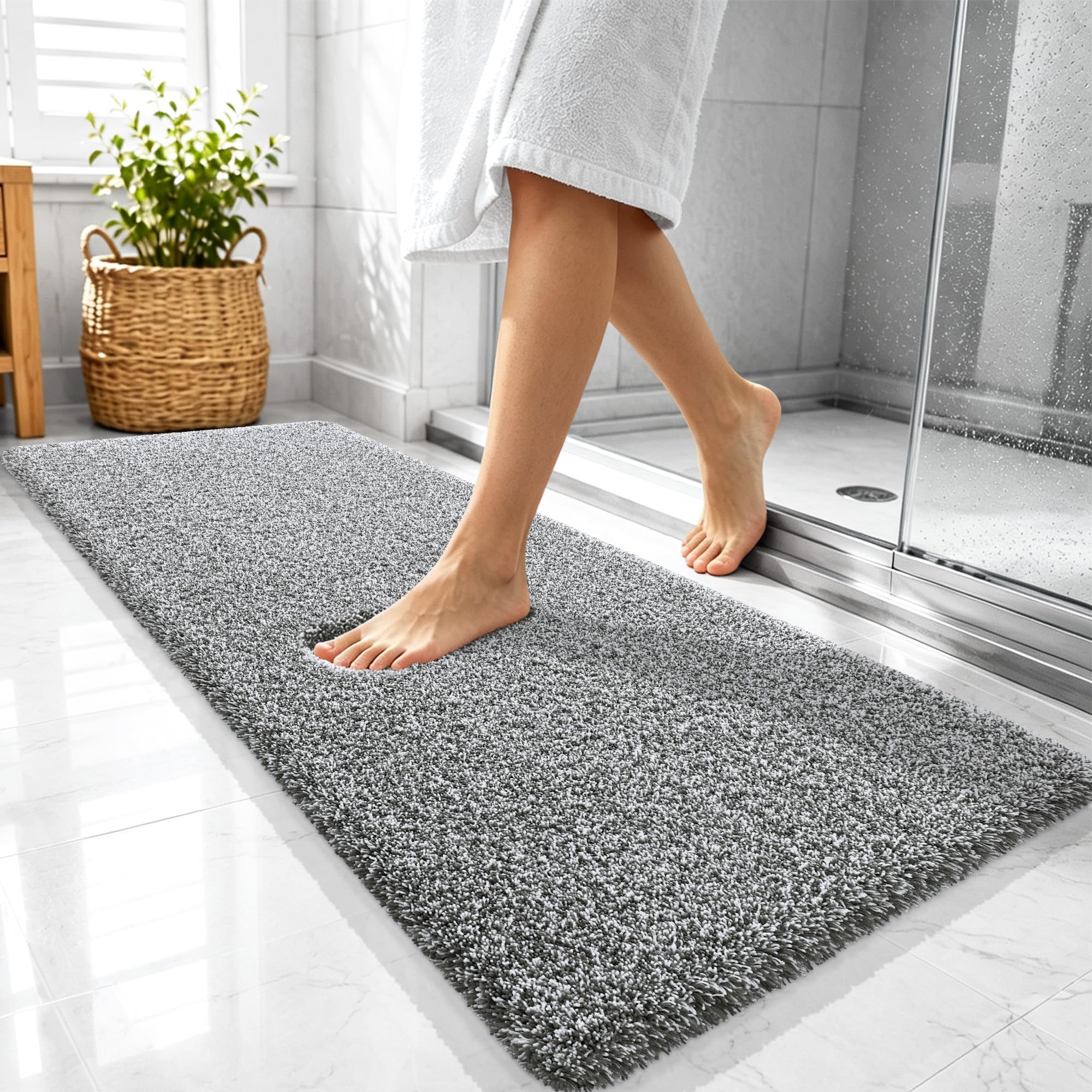 OLANLY Microfiber Bathroom Rugs 47x20, Quick Dry Mat, Dark Grey and White