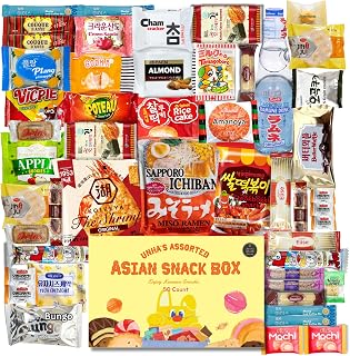 UNHA'S ASIAN - Japanese and Korean Snacks Box Variety Pack, 50 Count Care Package With Assorted Cookies and Chips for Kids, Adults, Grandkids, Birthday, School Office