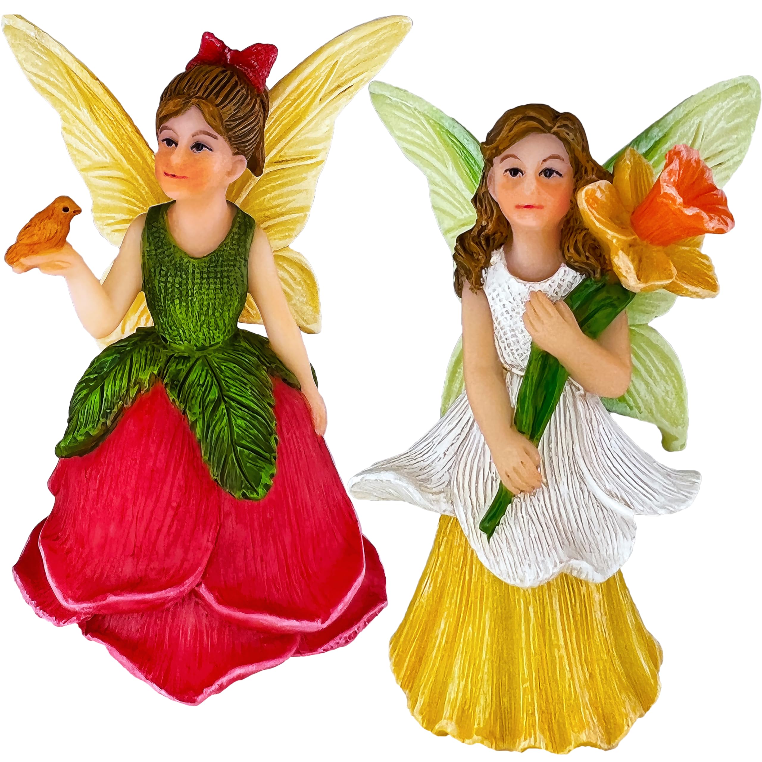 Photo 1 of [ONE IS MISSING ARM] Mood Lab Fairy Garden Figurines - Flower Fairies Set (2 pcs) - Narcissus & Rose - Miniature Decorative Statues & Accessories - Outdoor & Indoor Garden Decor