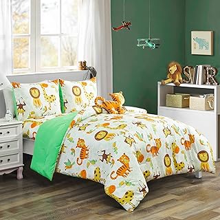 WPM Kids Collection Bedding 4 Piece White Green Safari Forest Jungle Print Twin Size Comforter Set with Sheet Pillow sham and Furry Toy Fun Tiger Monkey Theme Design (Safari Life, Twin Comforter)