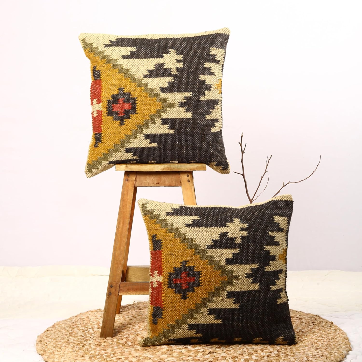 Trade Star 70% Jute 30% Wool Pillow Shams Set of 2 Kilim Cushion Cover Throw Pillow Cover 18x18 Inches Decorative Designer Cushion Cover Handwoven Rug Decorative Pillowcase (Kilim 6)