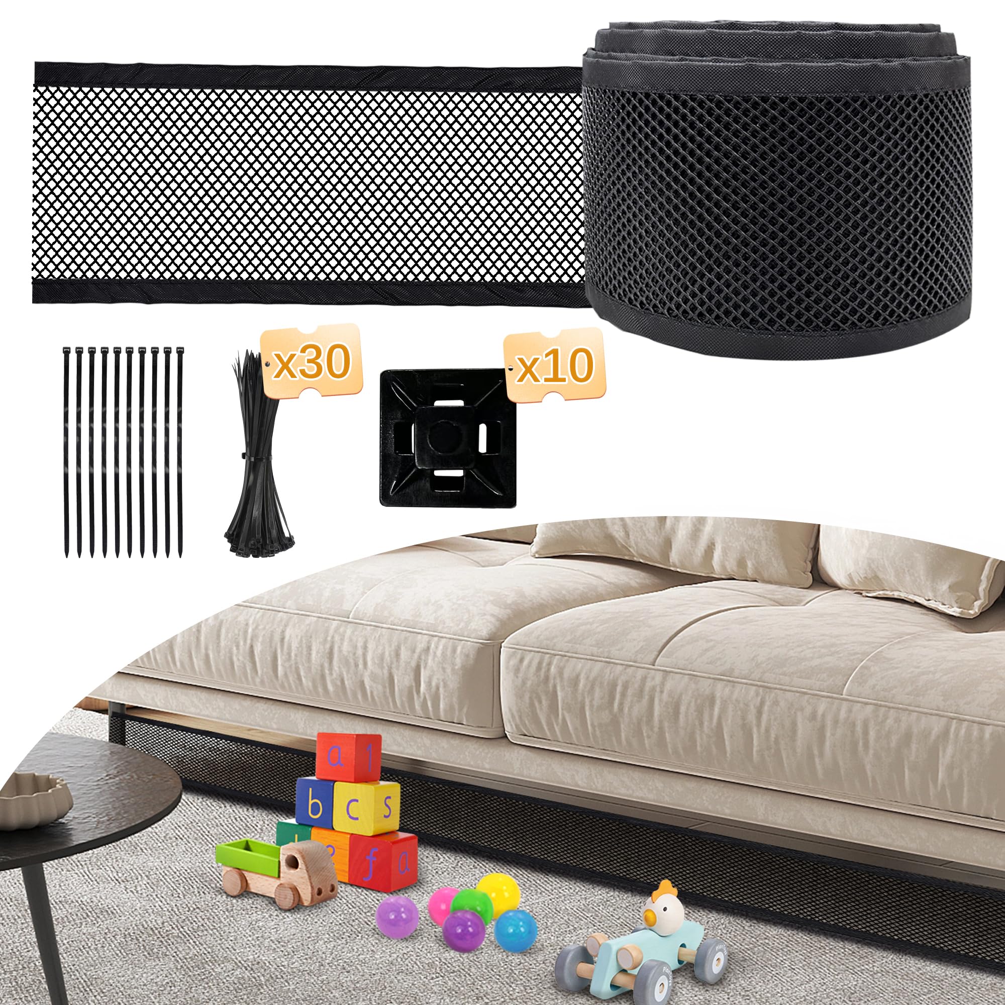 AmaCielo Under Couch Blocker, 4''x39.3ft Under Bed Blocker for Pets, Toy Blockers for Under Furniture with 30 Zip Ties, Couch Accessories (Black)