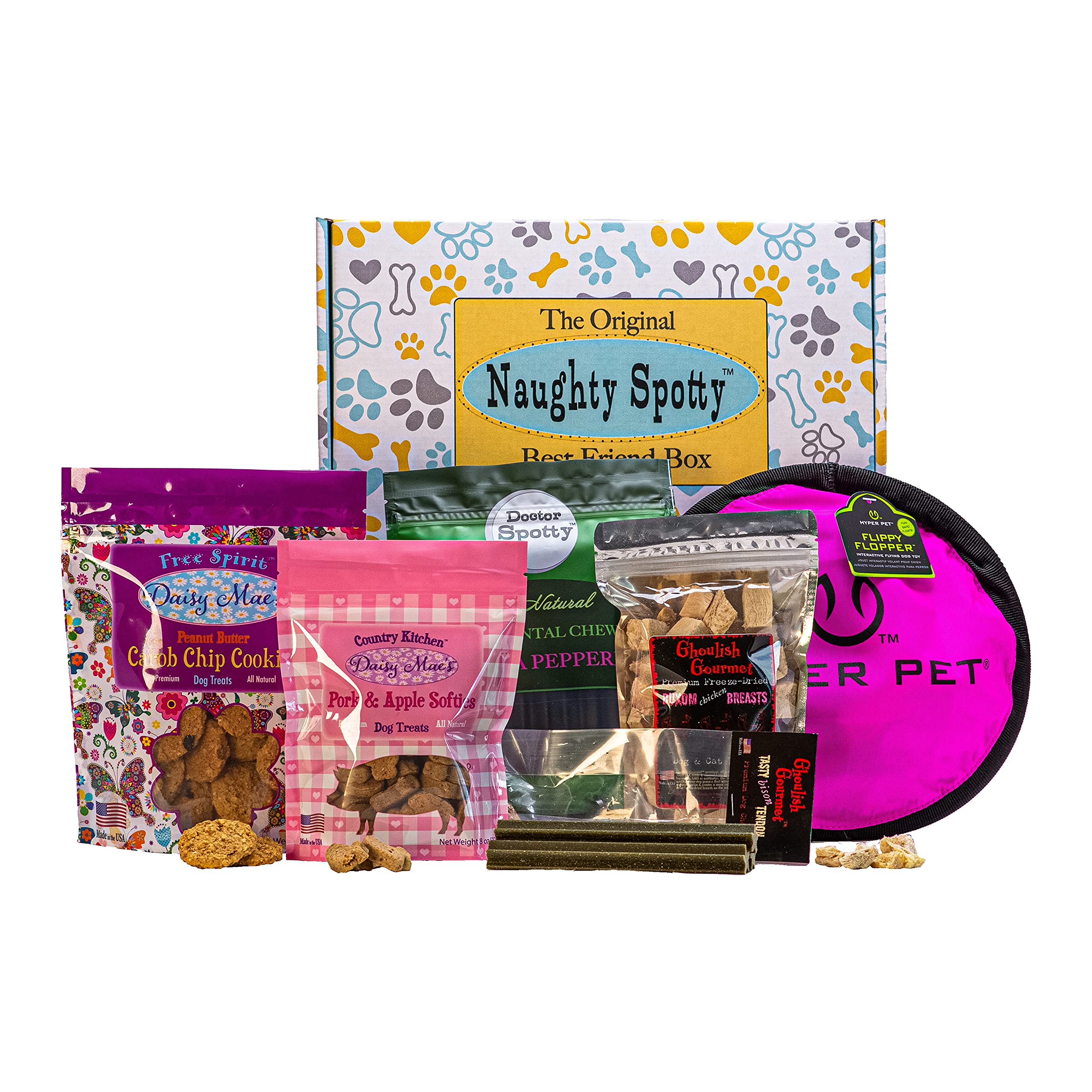 Premium Dog Gift Box with 9” Pink Floppy Fetch Disc, USA-Made Treats and Dental Chews Dogs.