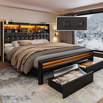 SIBEDS Full Bed Frame with 52" Bookcase Stroage Headboard, PU Black