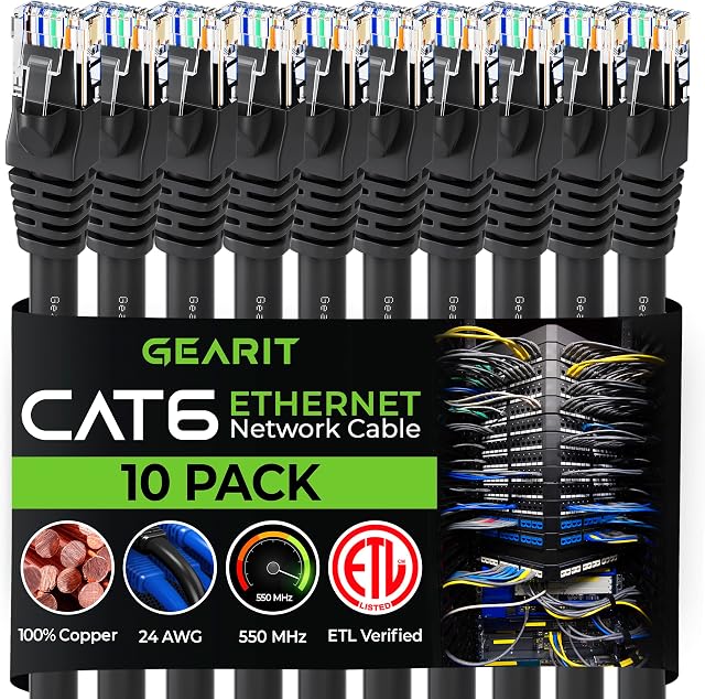 GearIT Cat 6 Ethernet Cable 1 ft (10-Pack) - Cat6 Patch Cable, Cat 6 Patch Cable, Cat6 Cable, Cat 6 Cable, Cat6 Ethernet Cable, Network Cable, Internet Cable - Black 1 Foot