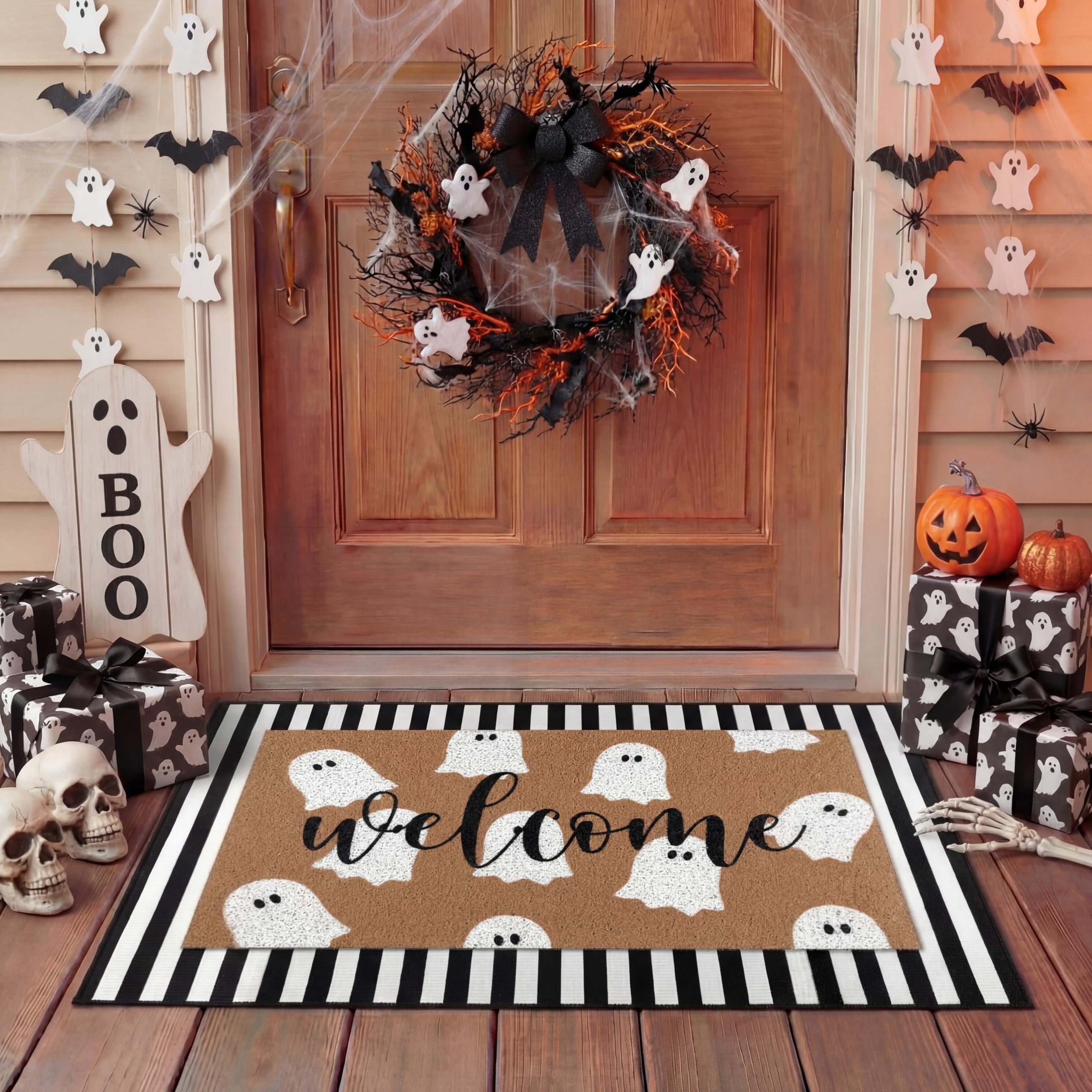 Tinideya 2 Pcs Door Mat Welcome Non Slip Coir Mats Floor Layering Doormats Seasonal for Front Porch Entryway Decor(Spooky)
