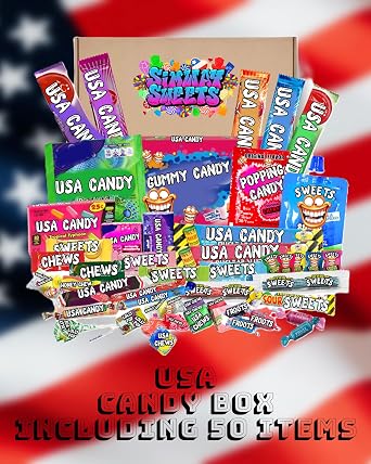 American Sweets Gift Box – USA Candy Assortment, Mix of 50 Chewy & Fruity Favorites By Simway Sweets