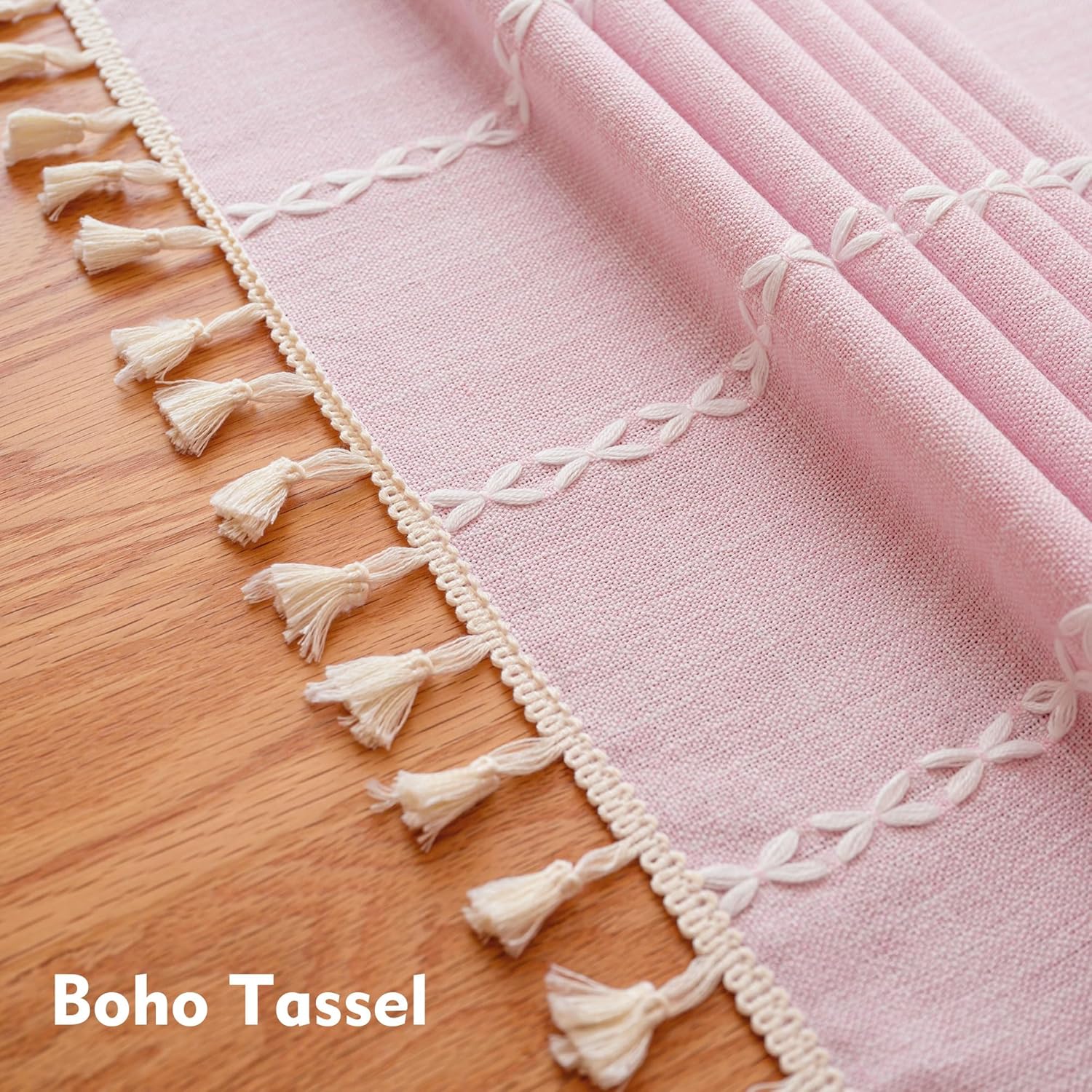 Pink Linen Table Cloth for Rectangle Table Burlap Tablecloth with Tassel Kitchen Dining Room Water Resistant Table Cloths 140x260 Inch