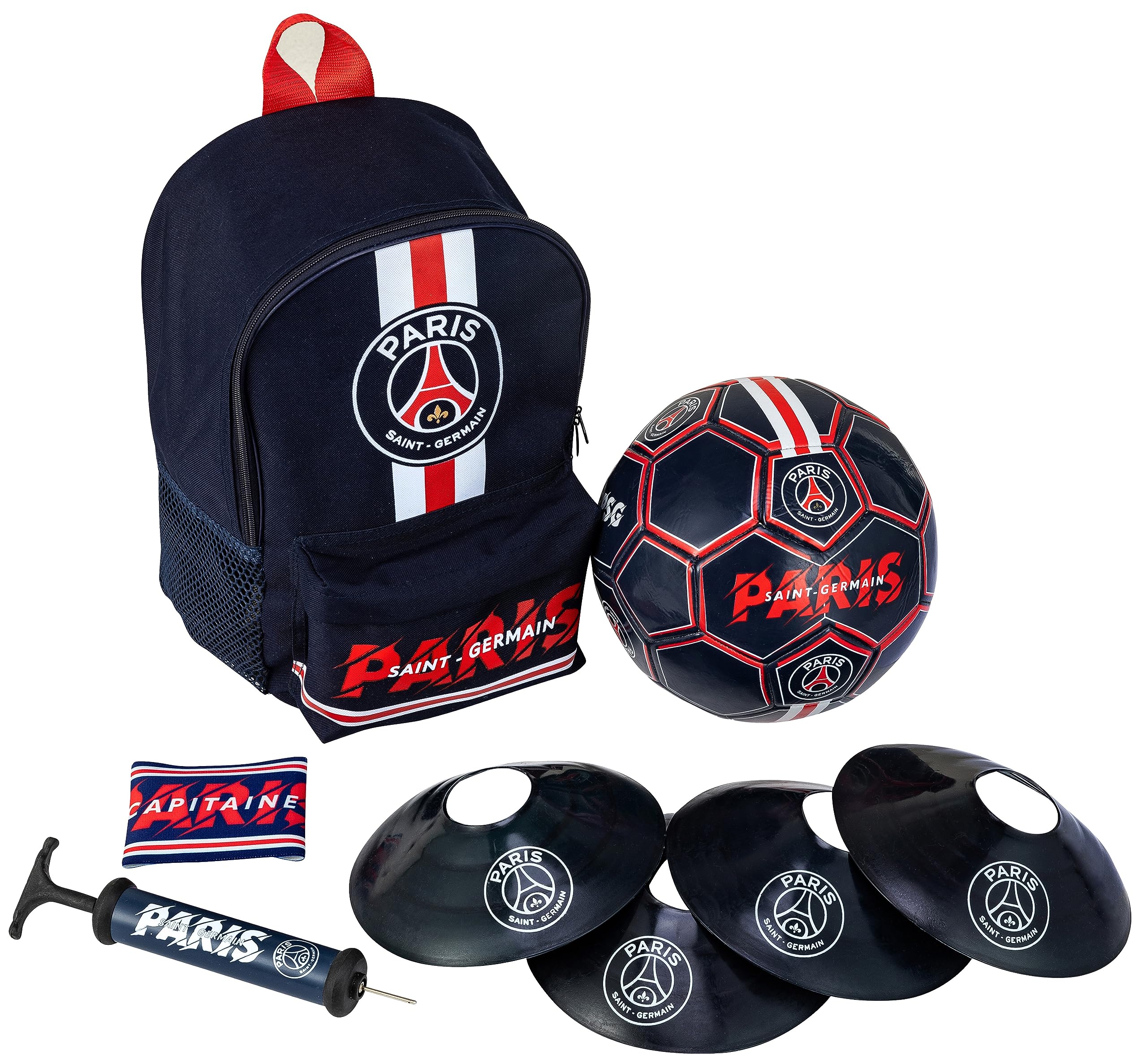PSG Fußball-Set mit Ball + Tasche + Pumpe + Manschette + Kegel – Offizielle Kollektion Paris Saint Germain