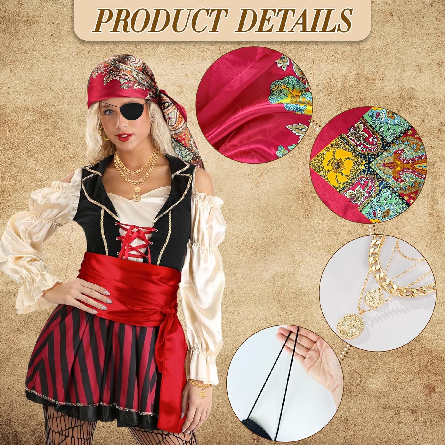 7pcs Women Pirate Costume Accessories for Men Pirate Head Scarf Necklace Belt Dress Accessories Renaissance - Image 3