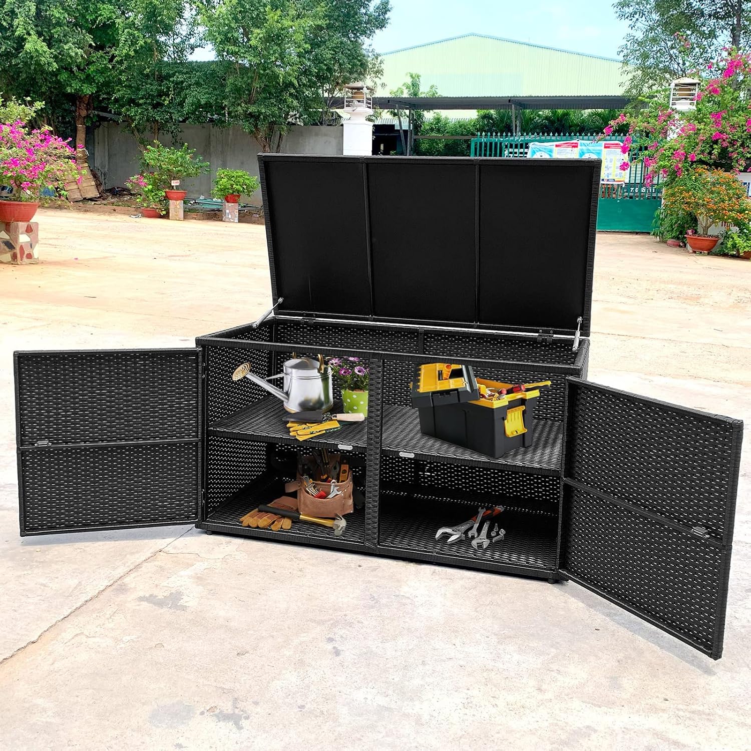 Tangkula Outdoor Wicker Storage Box, Garden Deck Bin with Steel Frame, Rattan Storage Box with Lid, Ideal for Storing Tools, Accessories, 88 Gallon Capacity (Black)