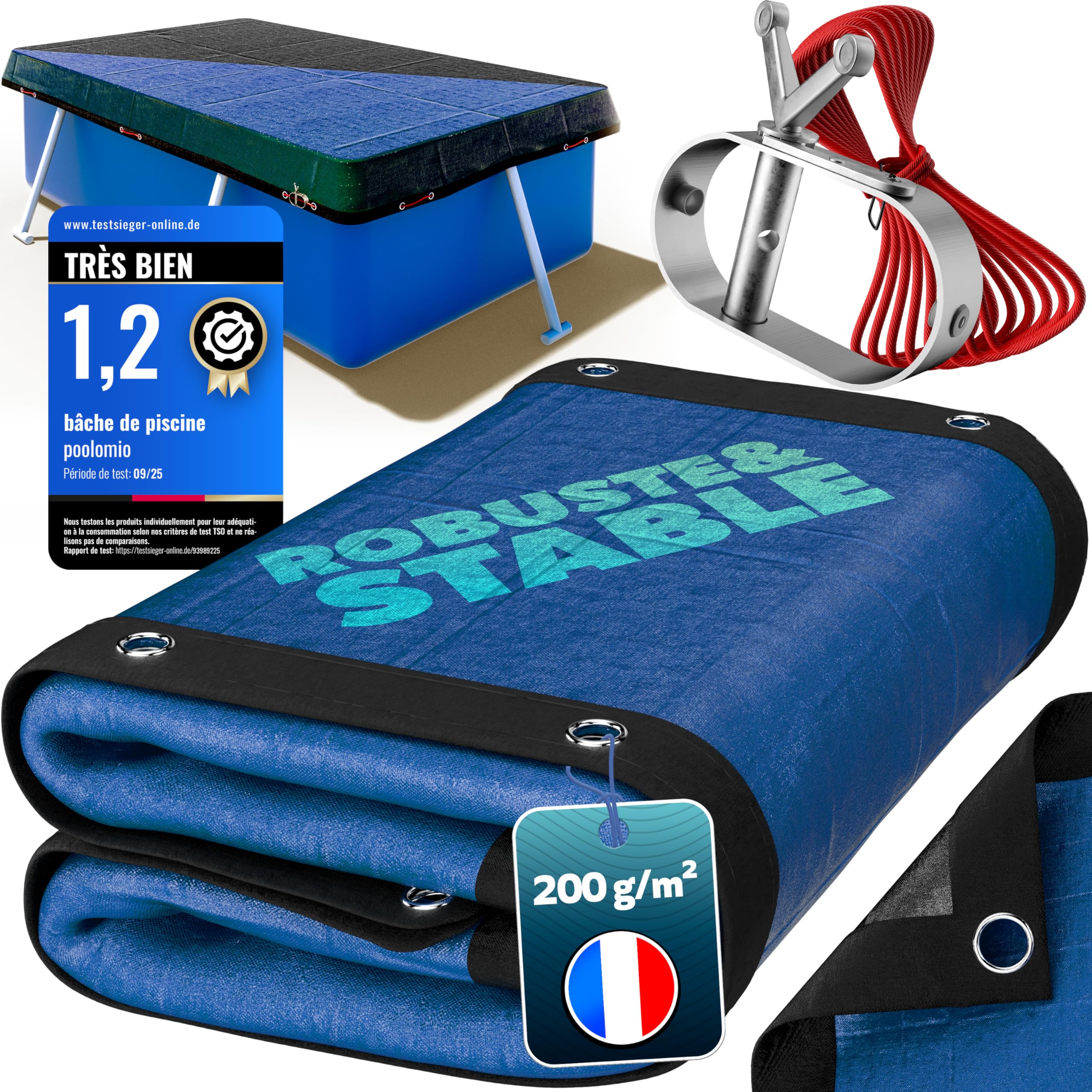 poolomio® Bâche de Piscine rectangulaire 600 × 300 cm | Couverture 2-en-1 Solaire & hivernage 6 × 3 m | Bâche Robuste 200 g/m² PE | Protection UV Anti-algues saletés| Dimensions réelles: 680 x 380 cm