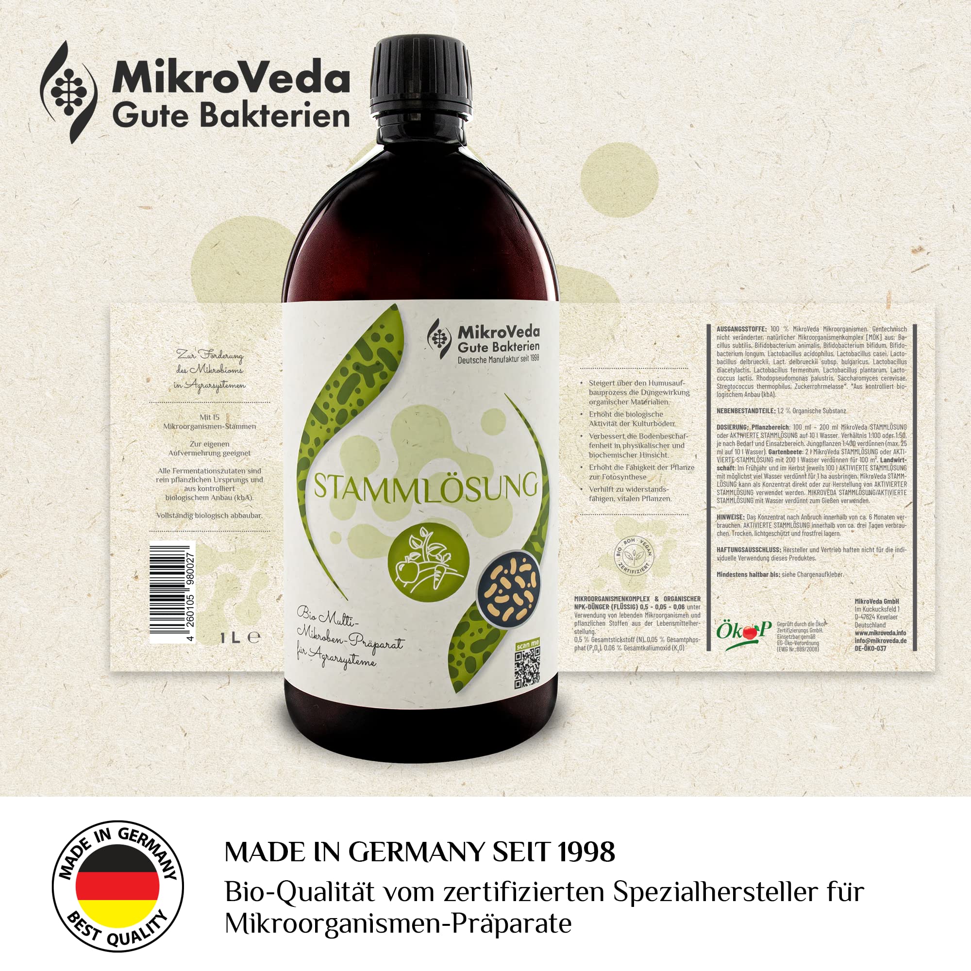 MikroVeda Solución madre orgánica - Microorganismos efectivos - 15 cepas - Activador y auxiliar del suelo - Compost - Estanques - Jardín - Agricultura