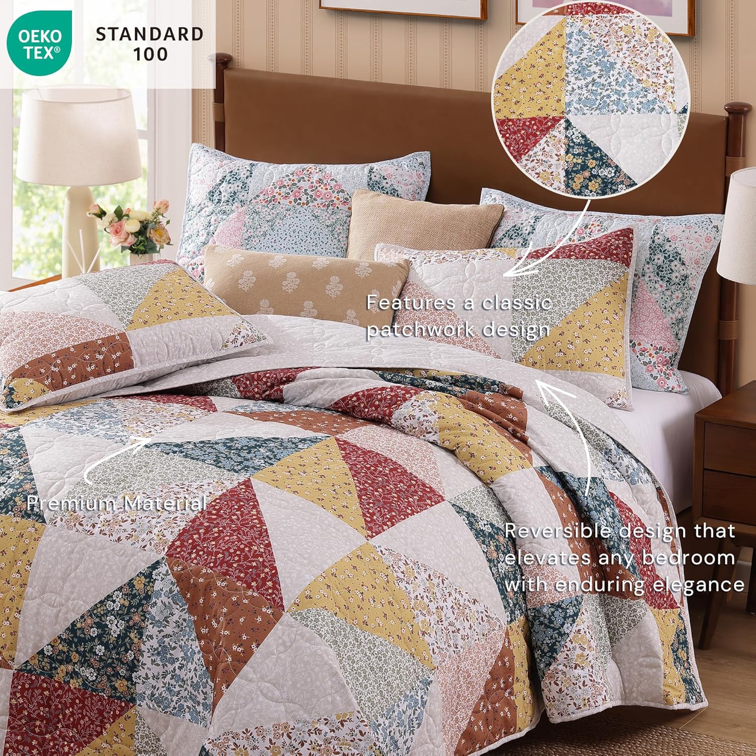 Quilt Set Queen Size, Patchwork Burnt Orange Floral Quilt Sets, Reversible Bedspread Lightweight and Breathable for All Seasons, Soft Quilted Bedspread with 2 Pillow Shams - Image 5