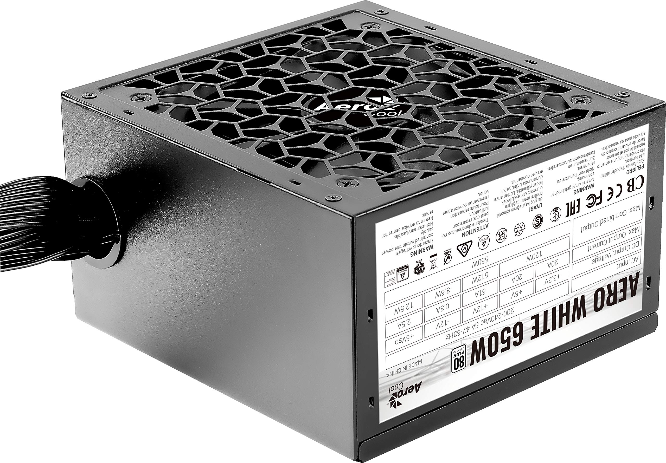 Aerocool AEROW650, Fuente de Alimentación PC 650W, 80Plus White 230V EU, ATX 12V, Ventilador 12cm, Negro
