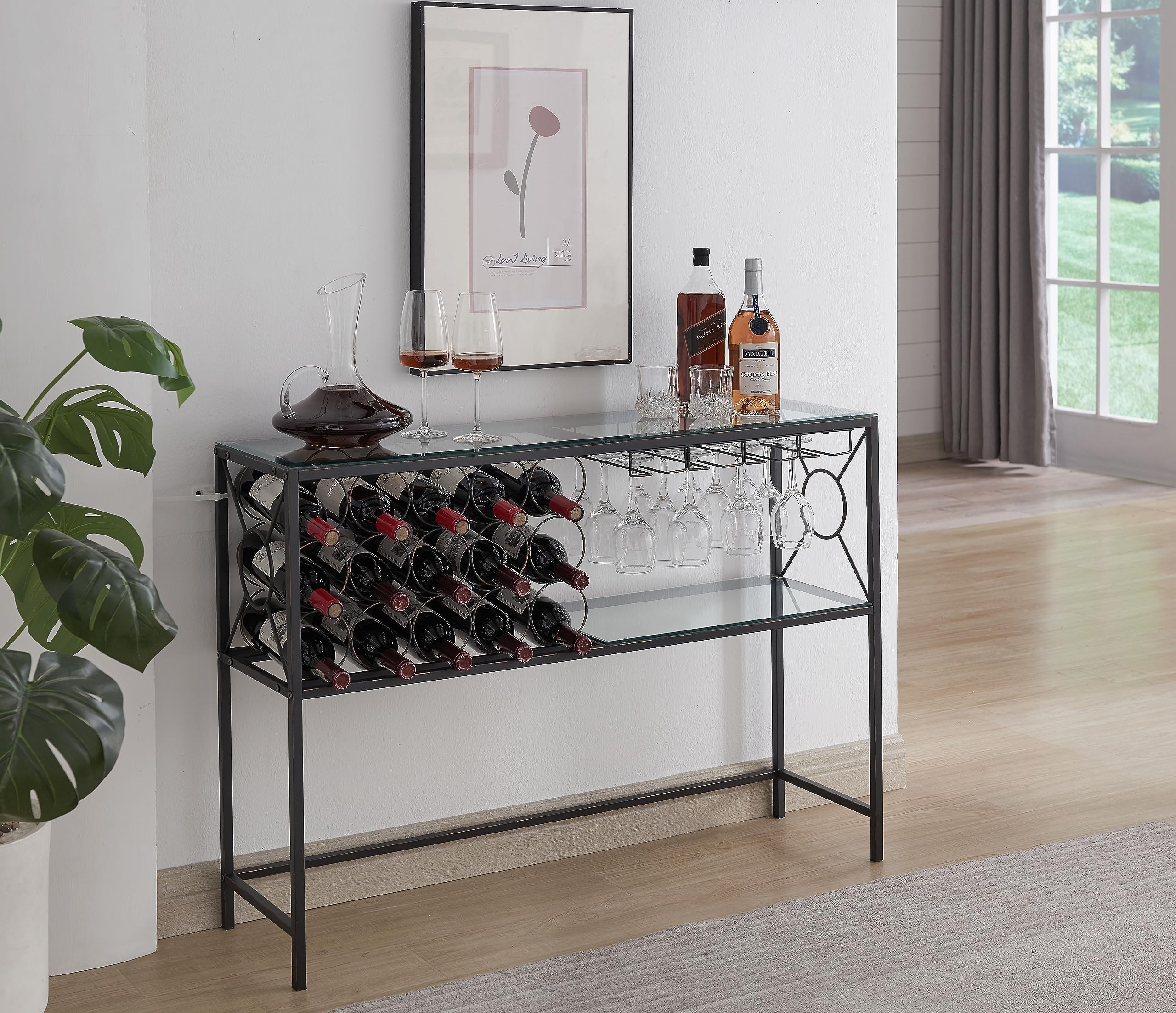 KB Designs - Bronze/Glass Wine Rack Freestanding Console Table, Wine Bar Cabinet with Wine Shelf and Glass Holder