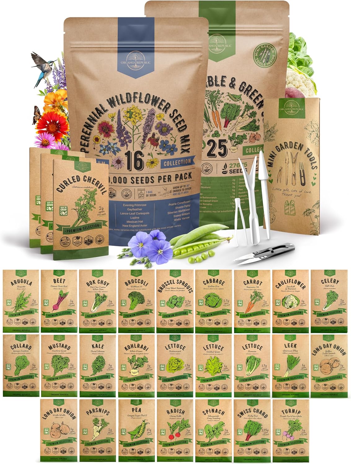 Organo Republic 16 Perennial Wildflower & 25 Winter Vegetable & Greens Seeds Variety Pack Bundle, 127,675+ Non-GMO Heirloom Garden Seeds for Planting Vegetable & Flowers for Indoor & Outdoor Gardening