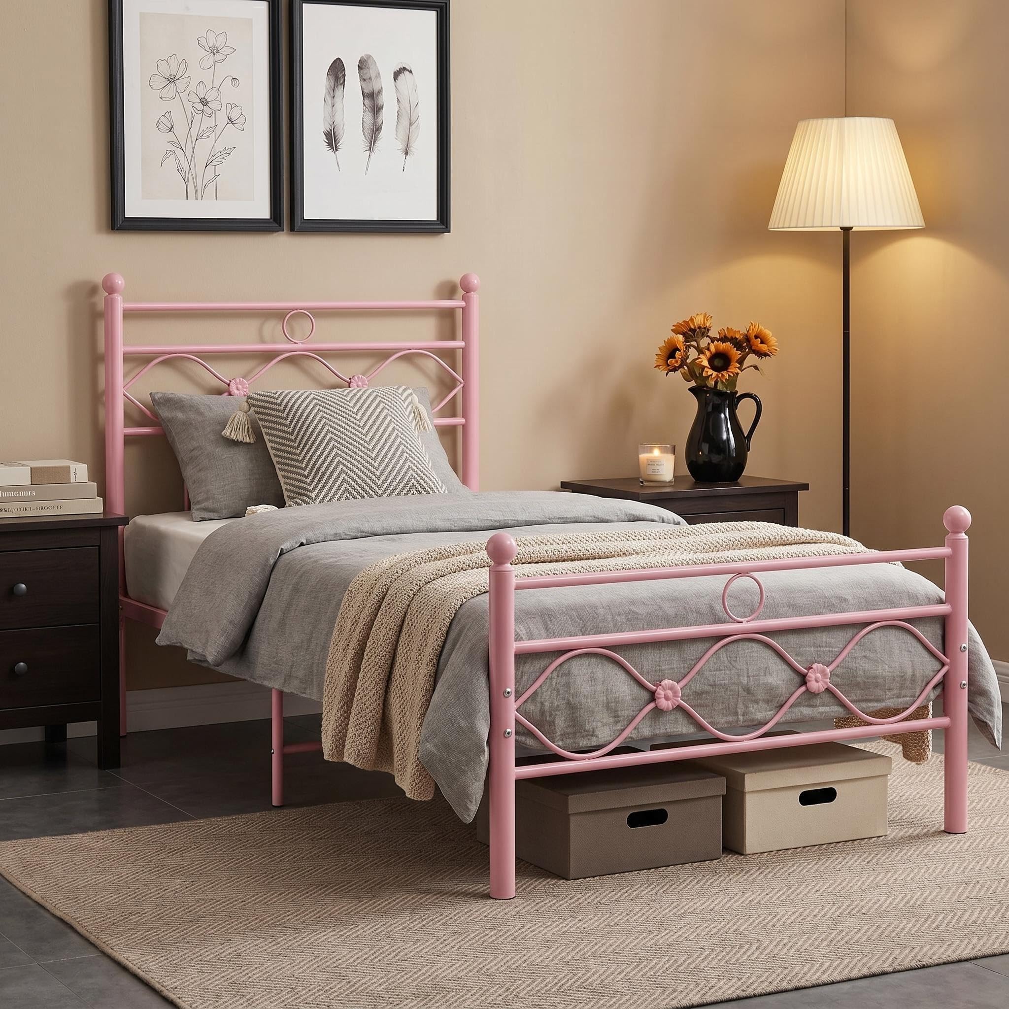 Panana 3Ft Single Bed Frame Solid Metal Bed Frame Modern Style with Headboard & Footboard (FRBM46-Pink)