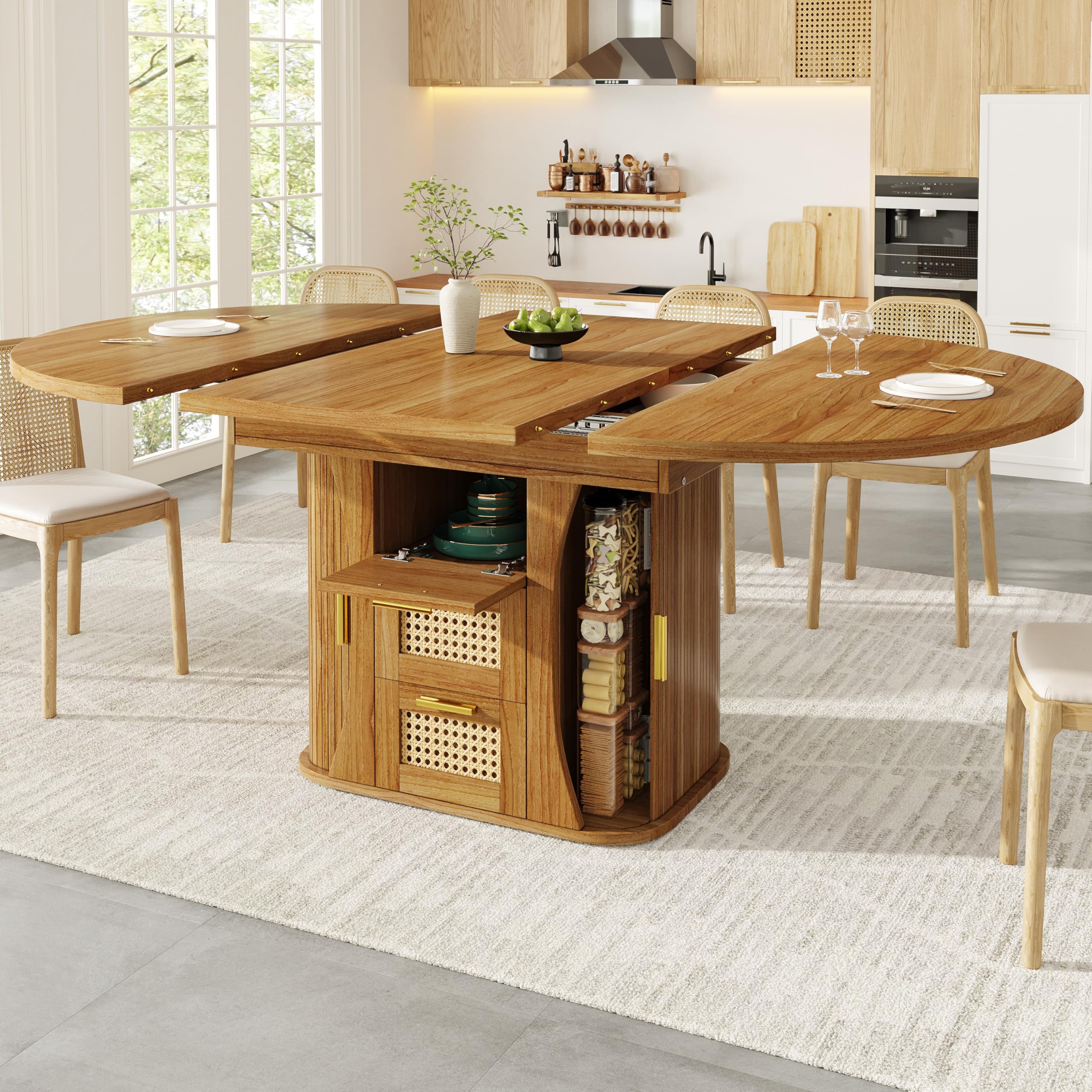 Tavolo da pranzo allungabile con vano portaoggetti, tavolo da 118-158 cm con cassetti in rattan