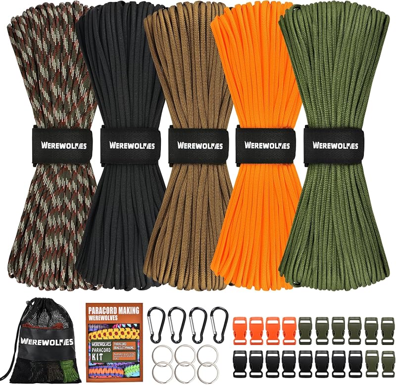 WEREWOLVES 550 Paracord Kits 100ft Each Color - 5 Colors Parachute Cord Combo 7 Strand Type III Parachute Cord 4mm for Crafting, Dog Collar, Survival Bracelets