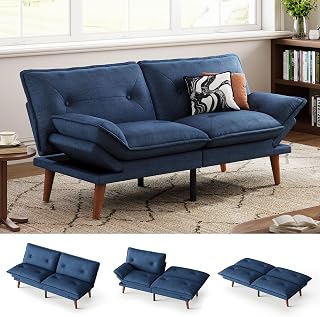 LINSY HOME Futon Sofa Bed, 70" Chenille Futon Couch with Adjustable Backrest Armrest, 3 in 1 Convertible Comfy Loveseat Sleeper Sofa Bed for Small Spaces Dorm Room Apartment Home Office, Dark Blue