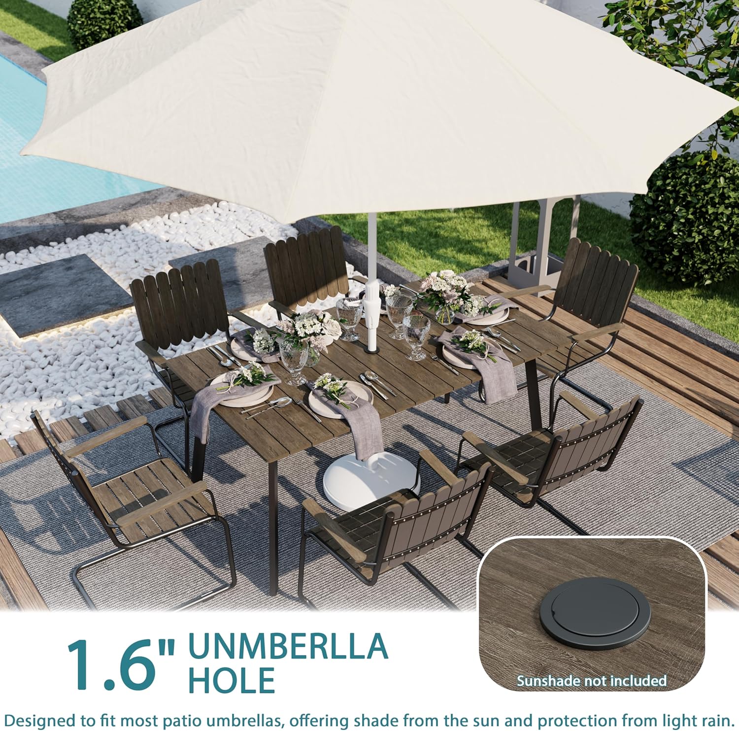 7 Piece Outdoor Dining Set for 6, HDPE Patio Table and Chairs Set with Umbrella Hole, All-Weather Outdoor Furniture for Garden, Porch, Poolside, Gray