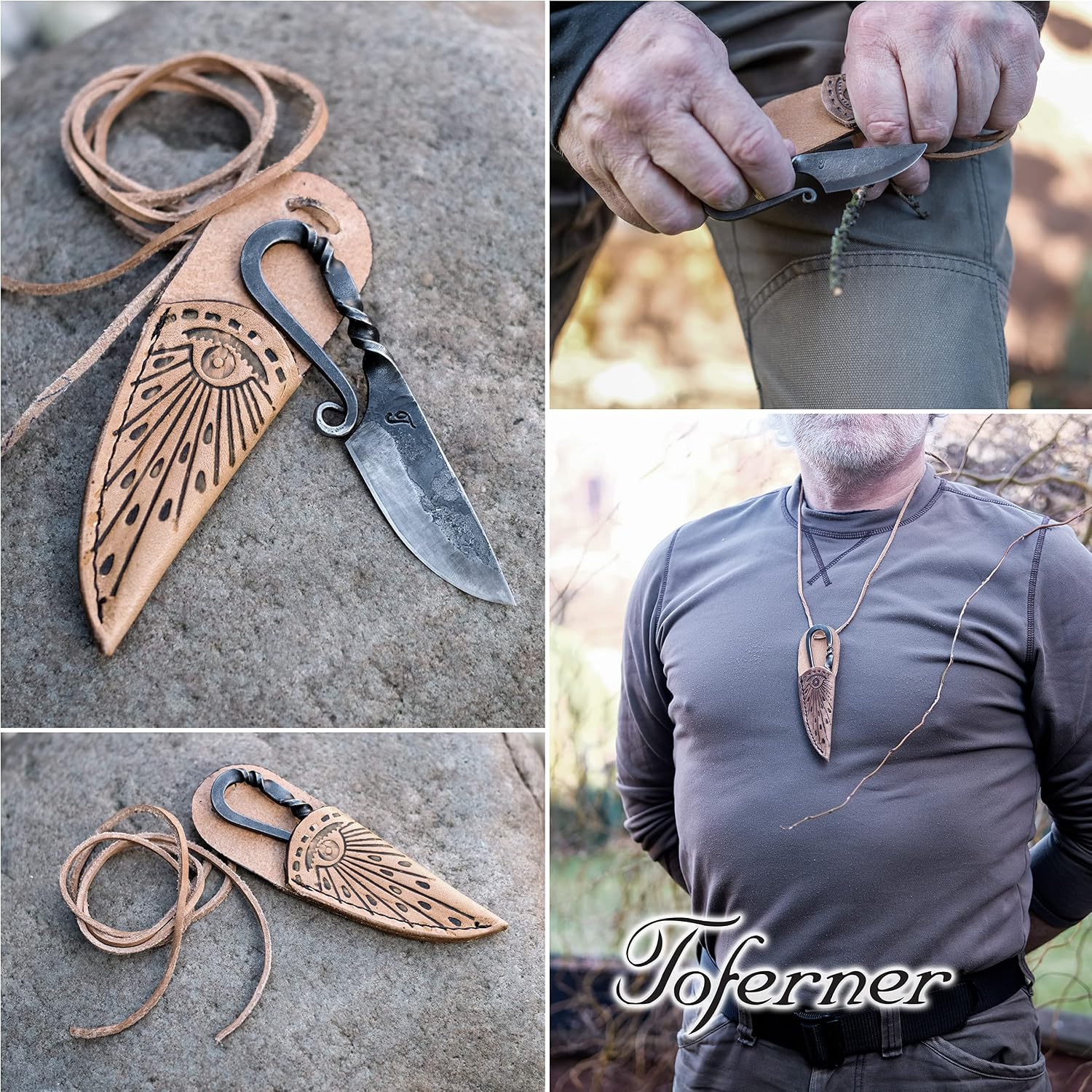 Toferner Celtic Mini Pocket Knife, Hand Forged Knife with Leather Case, Hardened Blade, Vintage, Antique Art Collecting, Original Gift Idea