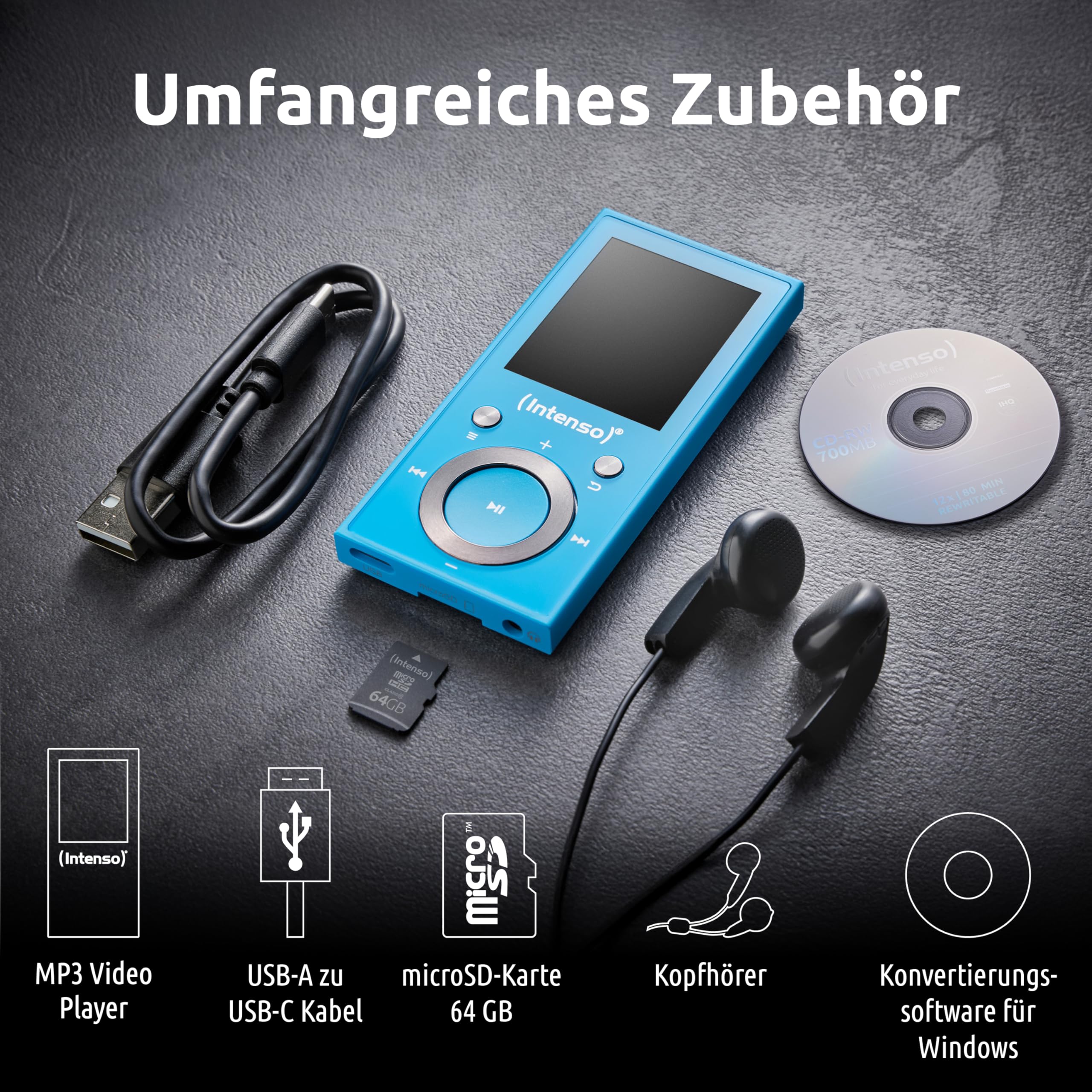 Intenso Video Scooter BT MP3 Player mit Bluetooth 5.0, 1,8 Zoll Farbdisplay, 64 GB microSD, USB-C, bis 18h Akku, inkl. Kopfhörer, blau