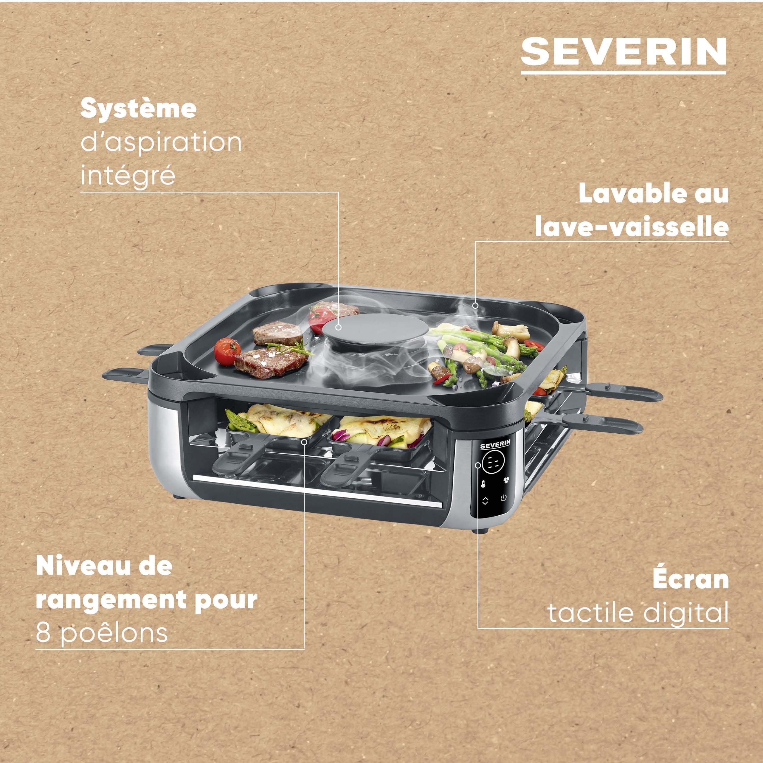 SEVERIN Appareil à raclette 8 personnes avec réduction de fumée et d'odeur, Raclette-Gril avec hotte intégrée, 1 900 W, Noir/Inox, RG 2350