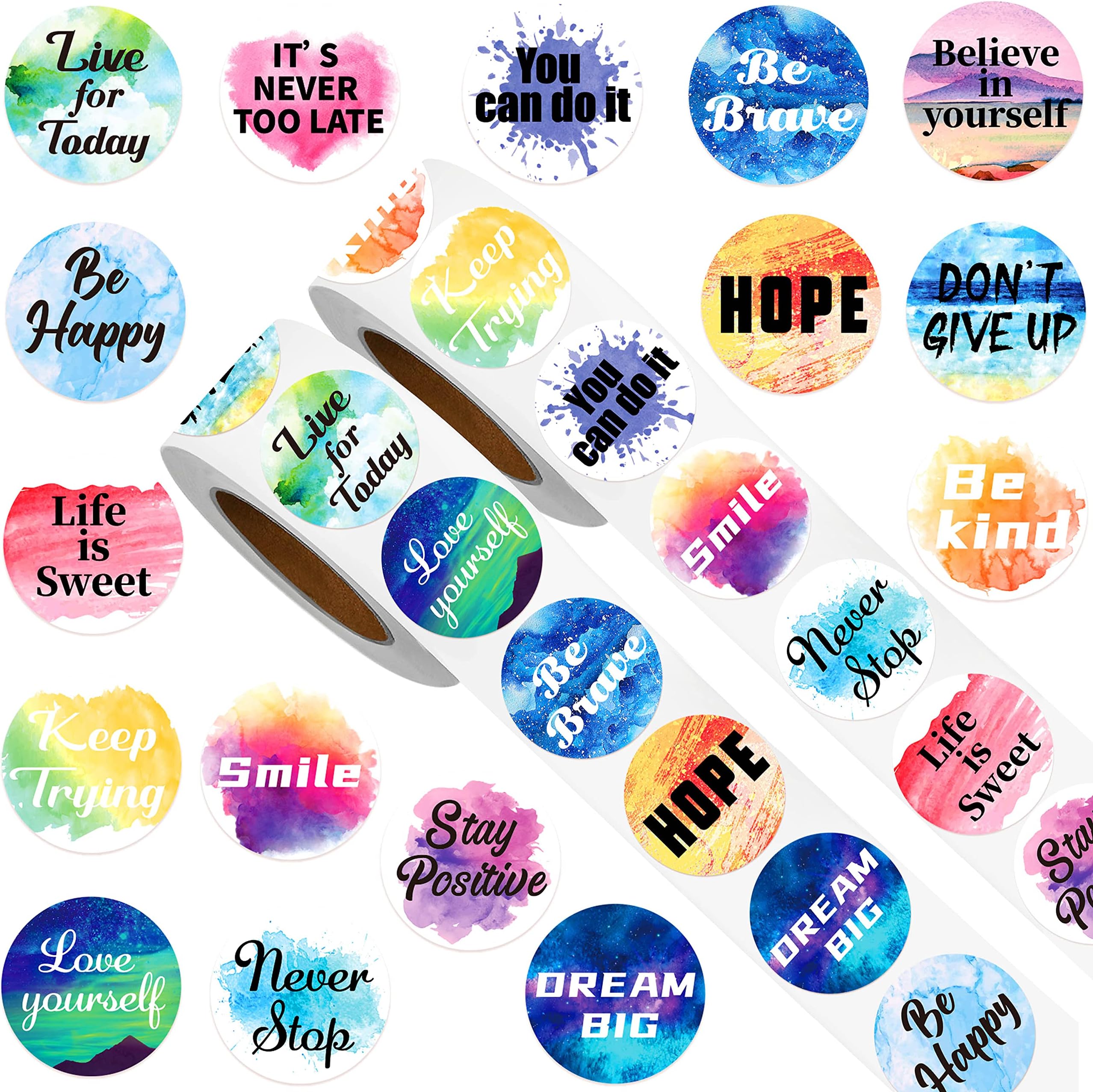 Zonon 1000 Pcs 2 Rolls Inspiring Planner Stickers 1 Inch Round Motivational Encouraging Watercolor Quotes Stickers for Envelope Phone Scrapbook Water Bottle