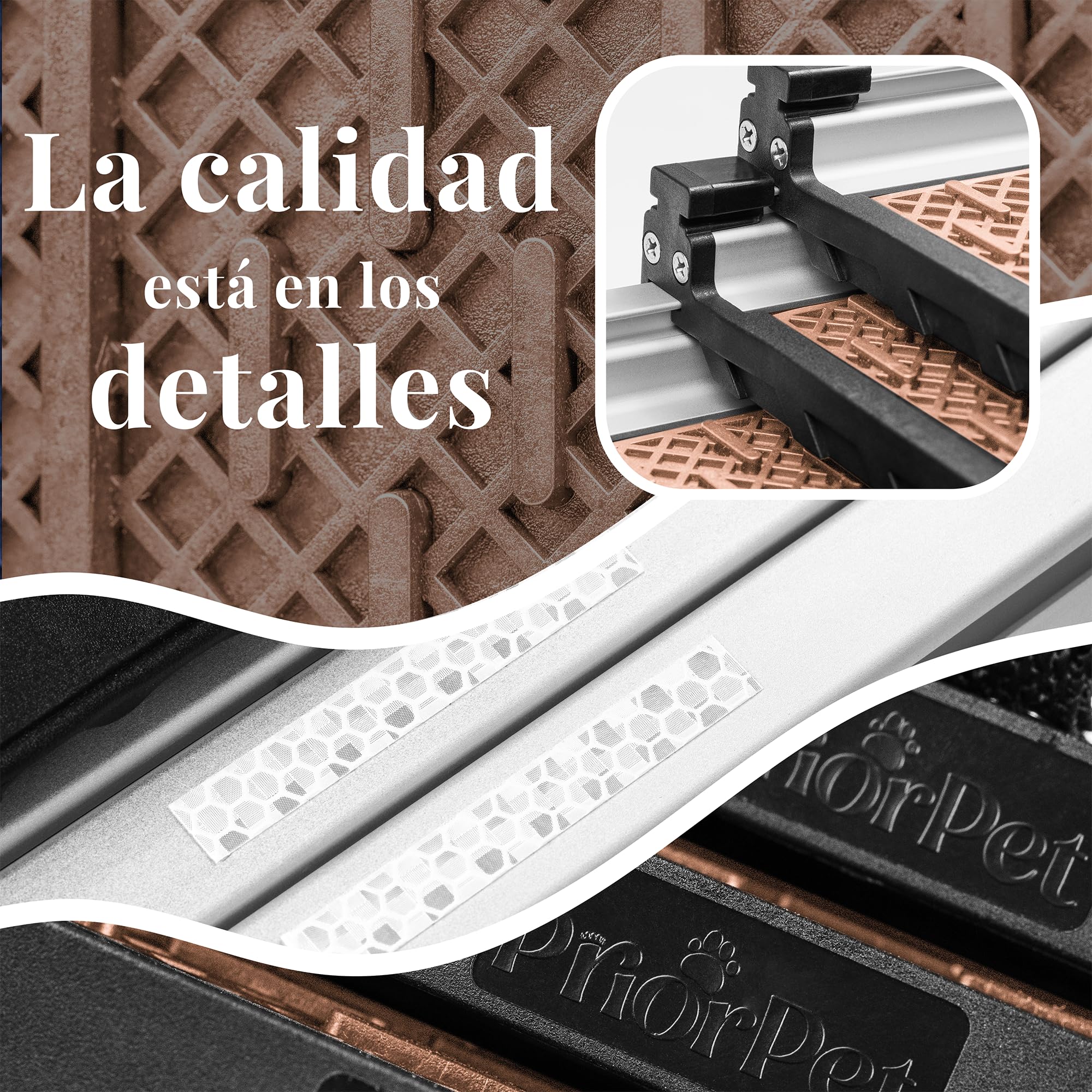 Rampa para Perros para Coche - Estable - Antideslizante - 90 kg de Capacidad - Rampas Extensibles para Perros Grandes - Laterales Reflectantes - Escalera Ligera para Perros - Clip de fijación - Arena