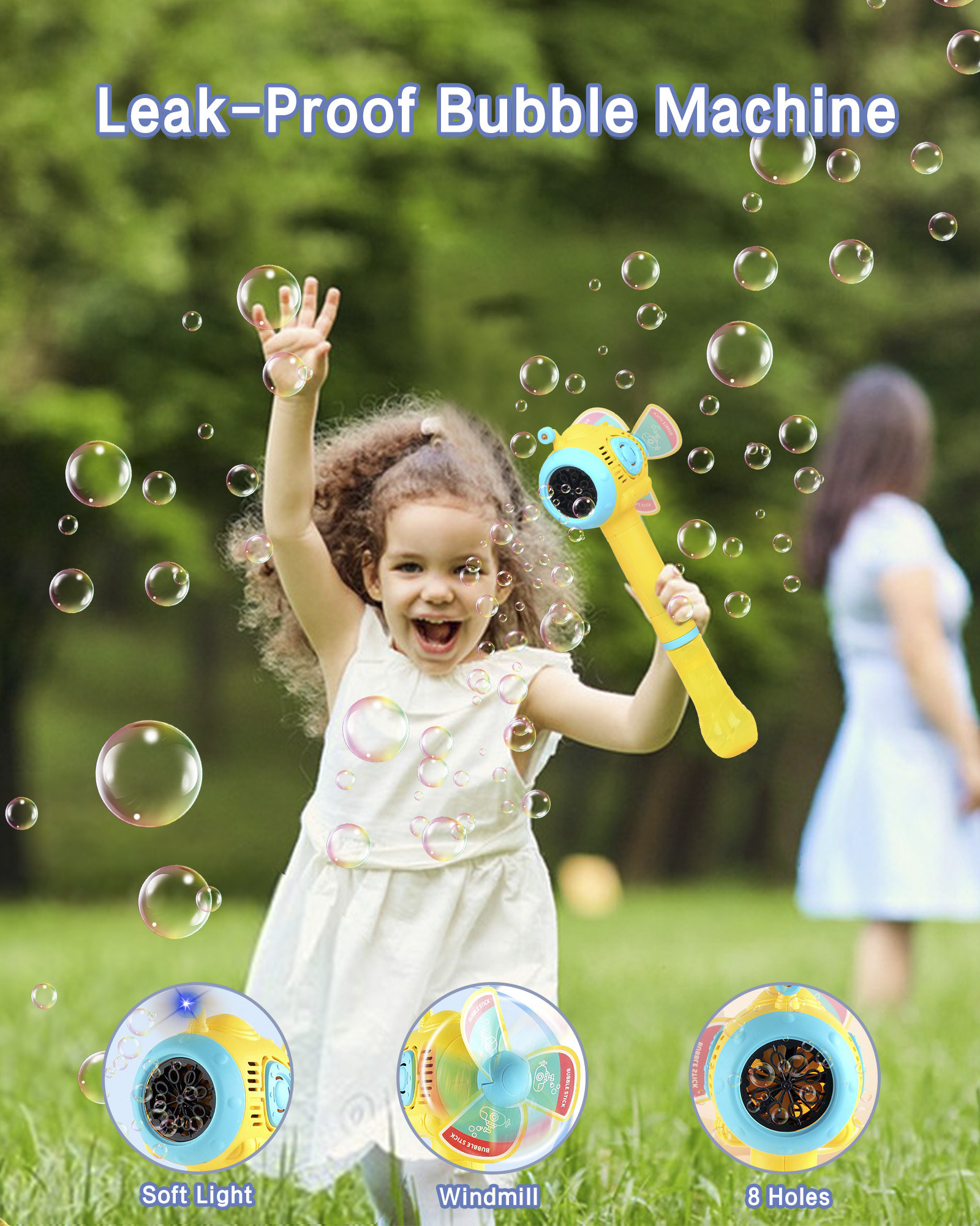 Machine à Bulles USB Pour Enfants Avec Moulin à Vent - 10 000 Bulles/min - Lumières LED - Pour Jardin, Plage, Fêtes
