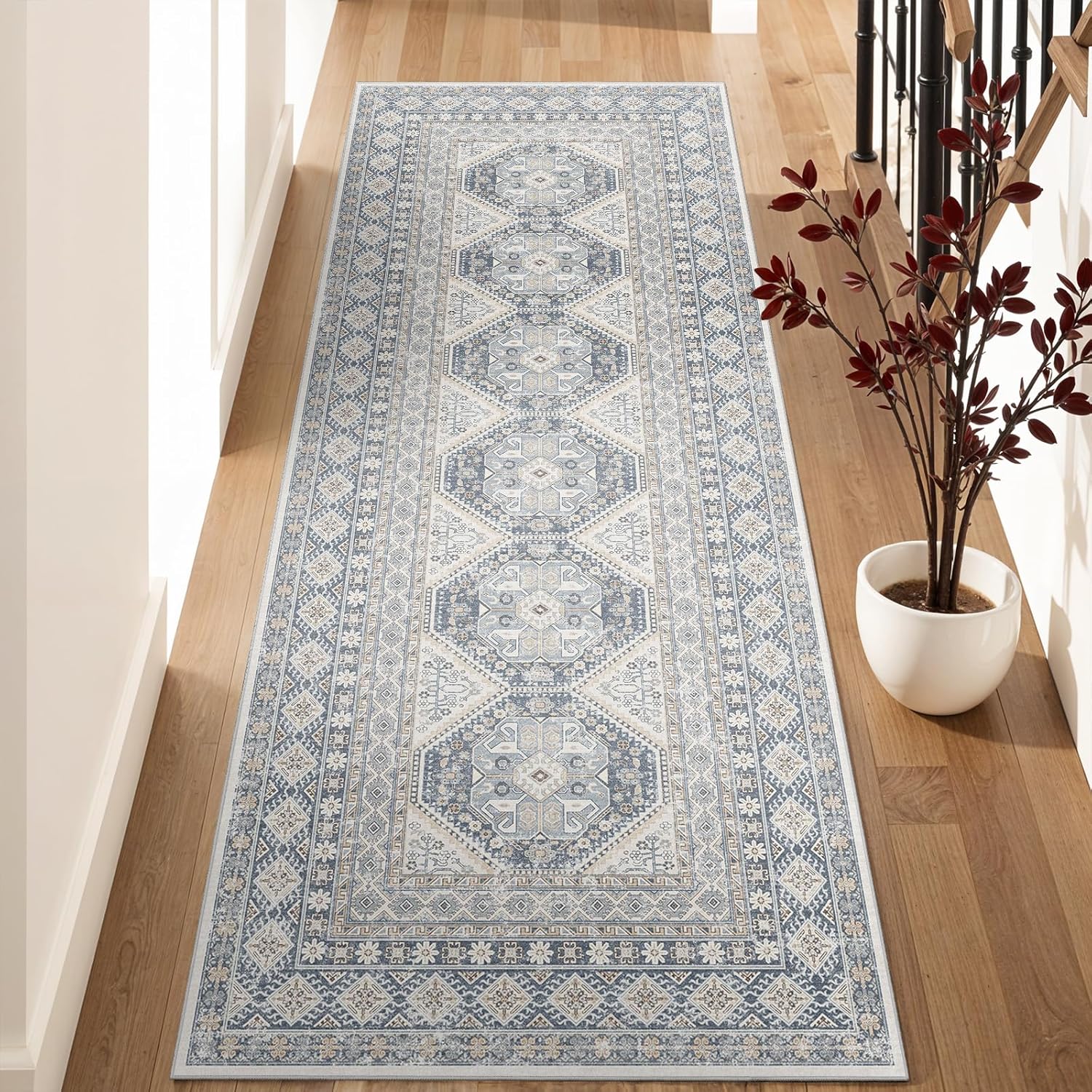 3x8 Runner Rug Kitchen Washable:Oriental Indoor Hallway Runners with Non Slip Backing Floor Mat for Entryway Door Low Pile Thin Carpet for Bedroom Bathroom Living Room Bedside (Blue, 3x8)