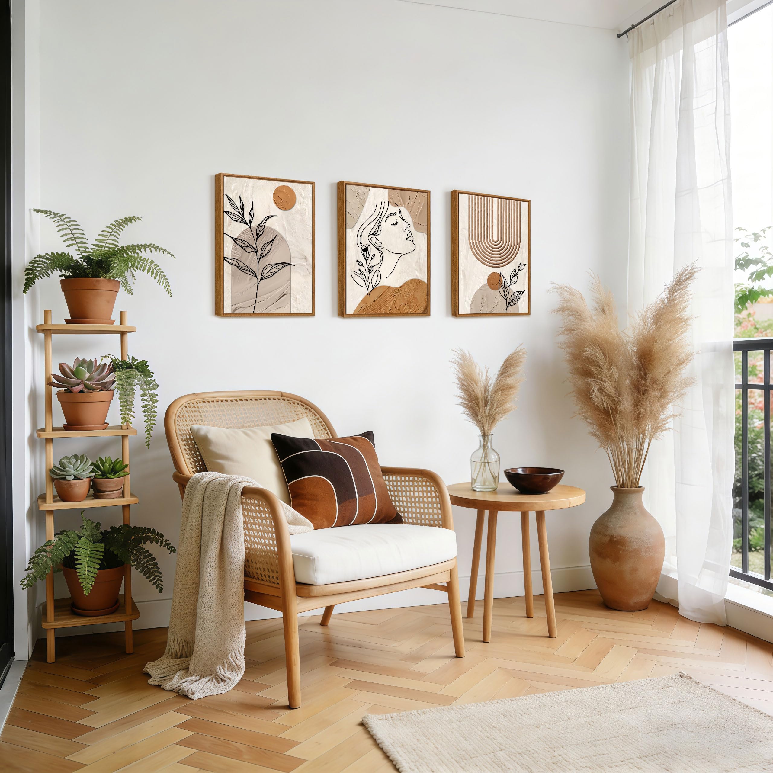 3 Pcs Wooden Framed Canvas Wall Art Set Bohemian Sage Green Canvas Prints Poster Geometric Line Beige Green Pictures for Living Room Bedroom Dinning Room Hallway Stairs Wall Decor 30x40cm x3pcs — view 523