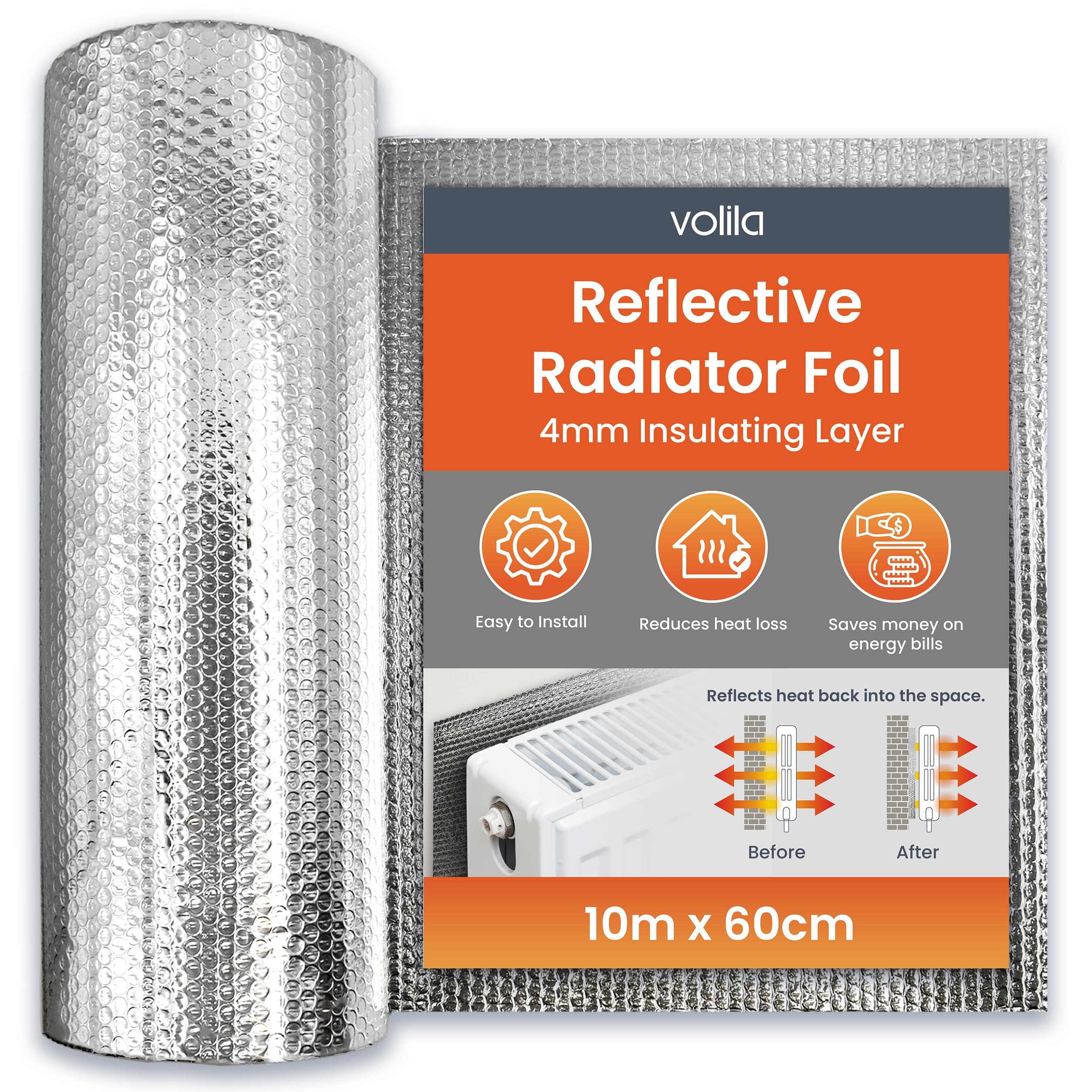 Radiator Foil Insulation Roll 10m x 60cm - 1 Pack Radiator Reflector Panels for Enhance Heat Efficiency - Energy Saving Radiator Heat Deflector for Home Heating with Adhesive Pads Included