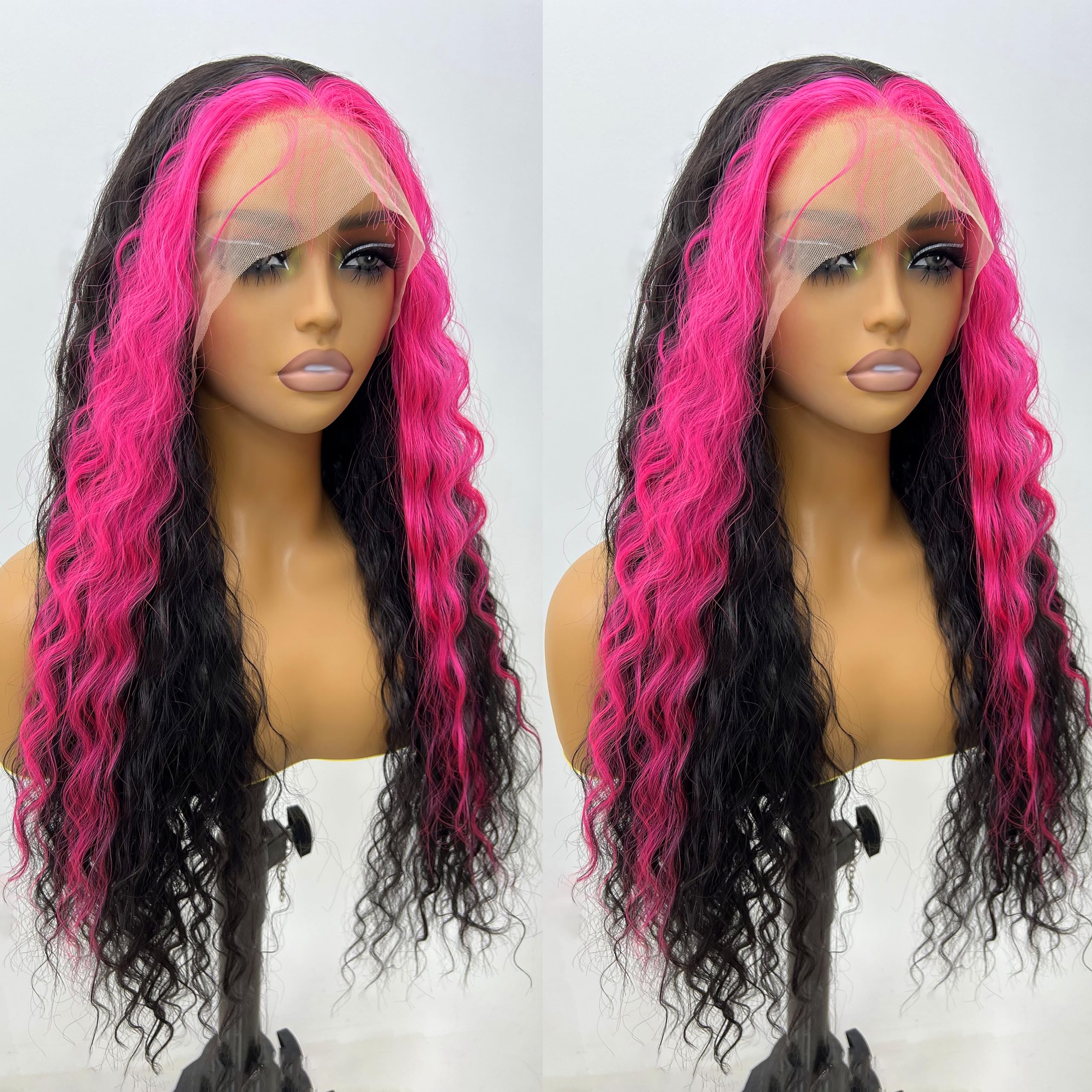 GIANNAY Pink Highlights Deep Wave 250% Density 13x4 HD Lace Front Wigs Pre-Plucked Hairline Synthetic Heat Resistant Fiber Hair Wigs With Baby Hair