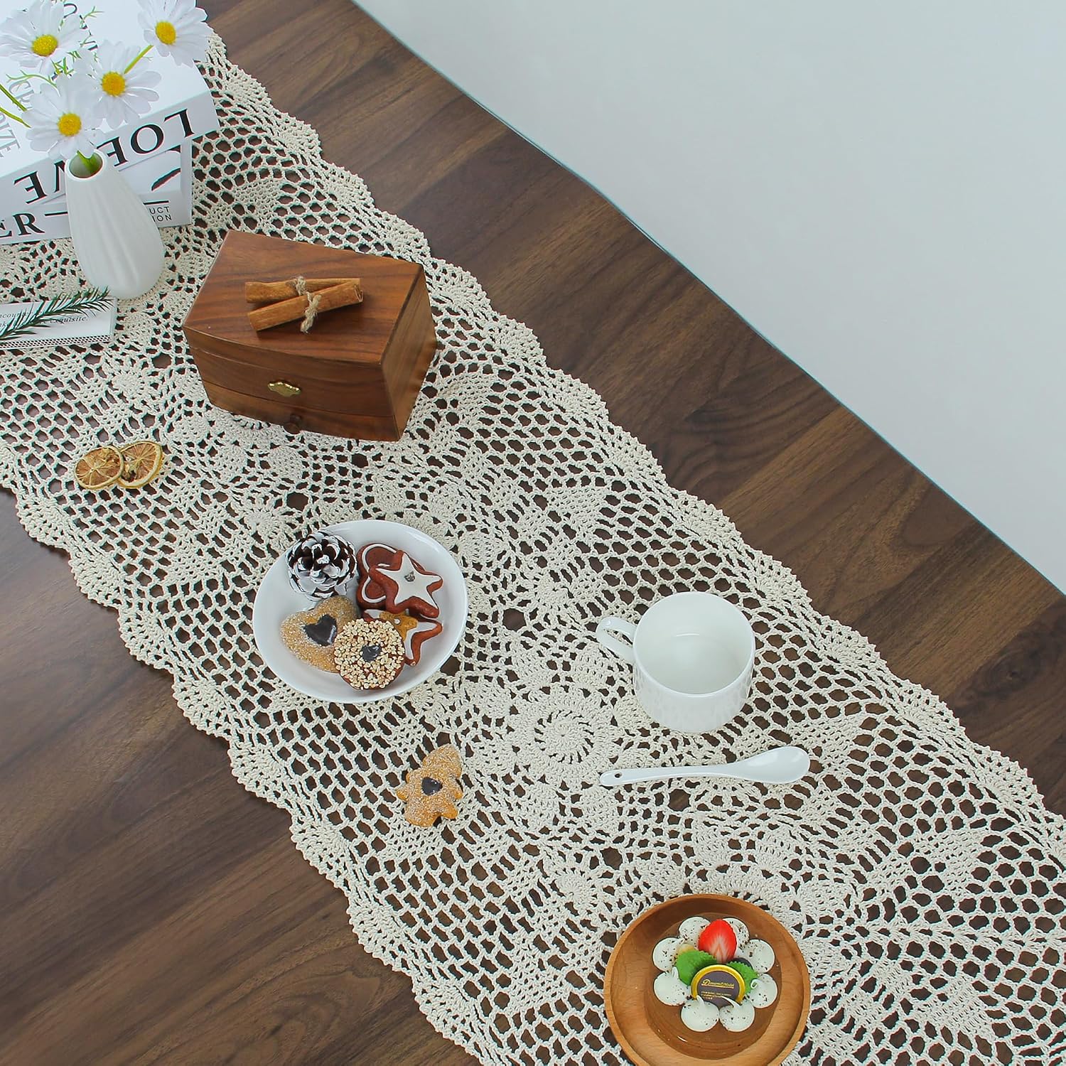 kilofly Handmade Crochet Lace Rectangular Table Runner 15 x 36 Inch, Beige image 4